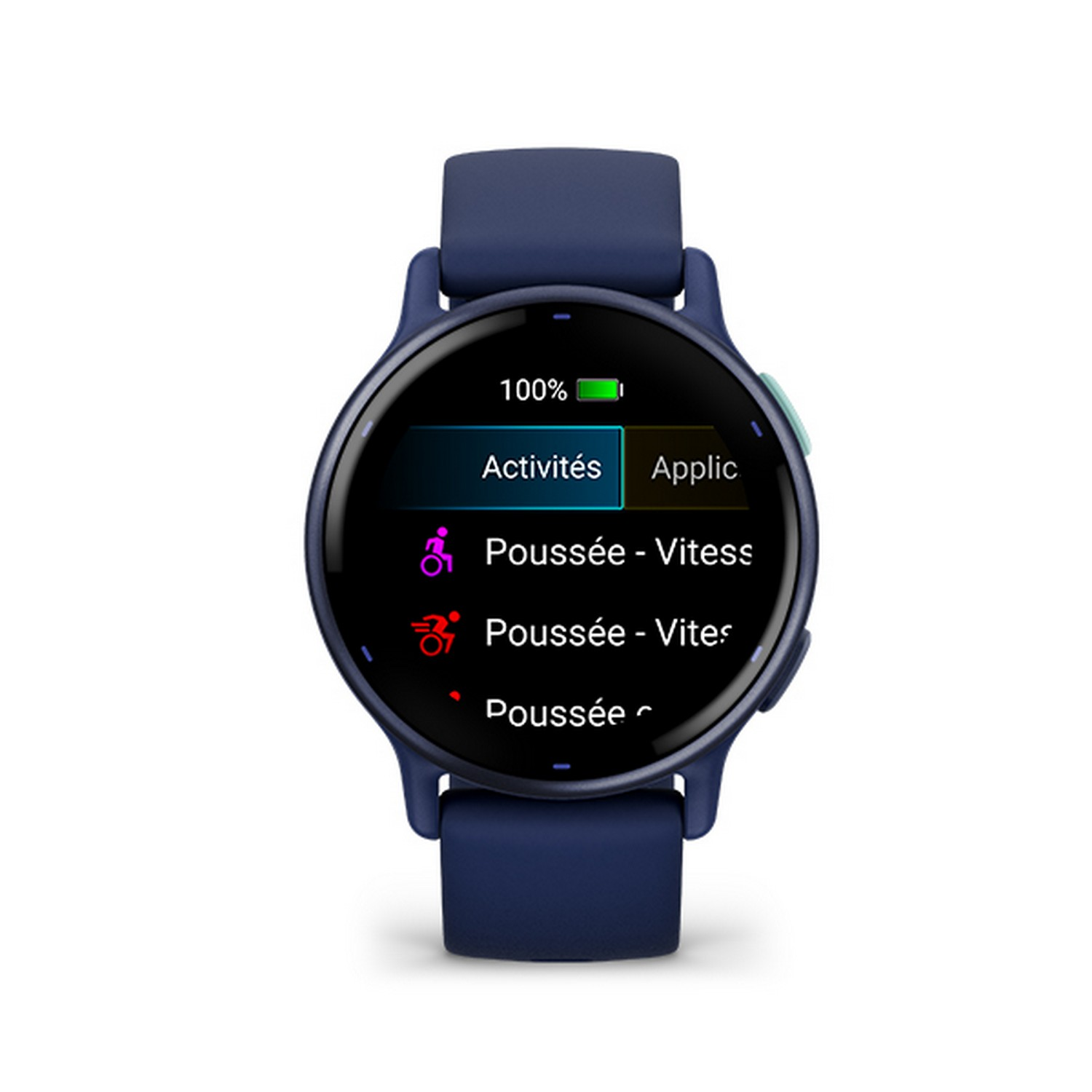 Dark blue smartwatch displaying activity options, with a green side button.