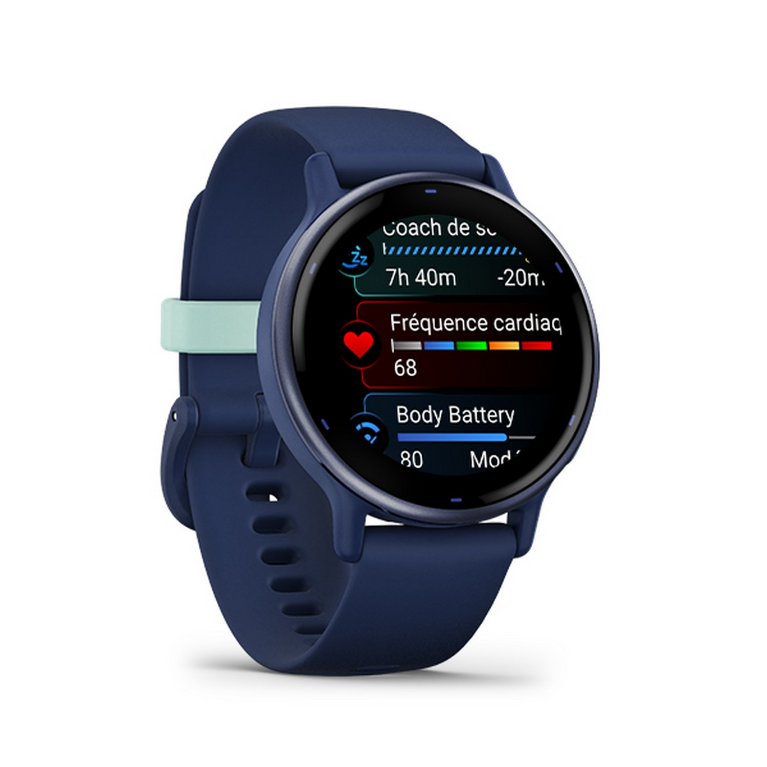 A blue smartwatch displays health metrics, including sleep duration, heart rate, and body battery level.