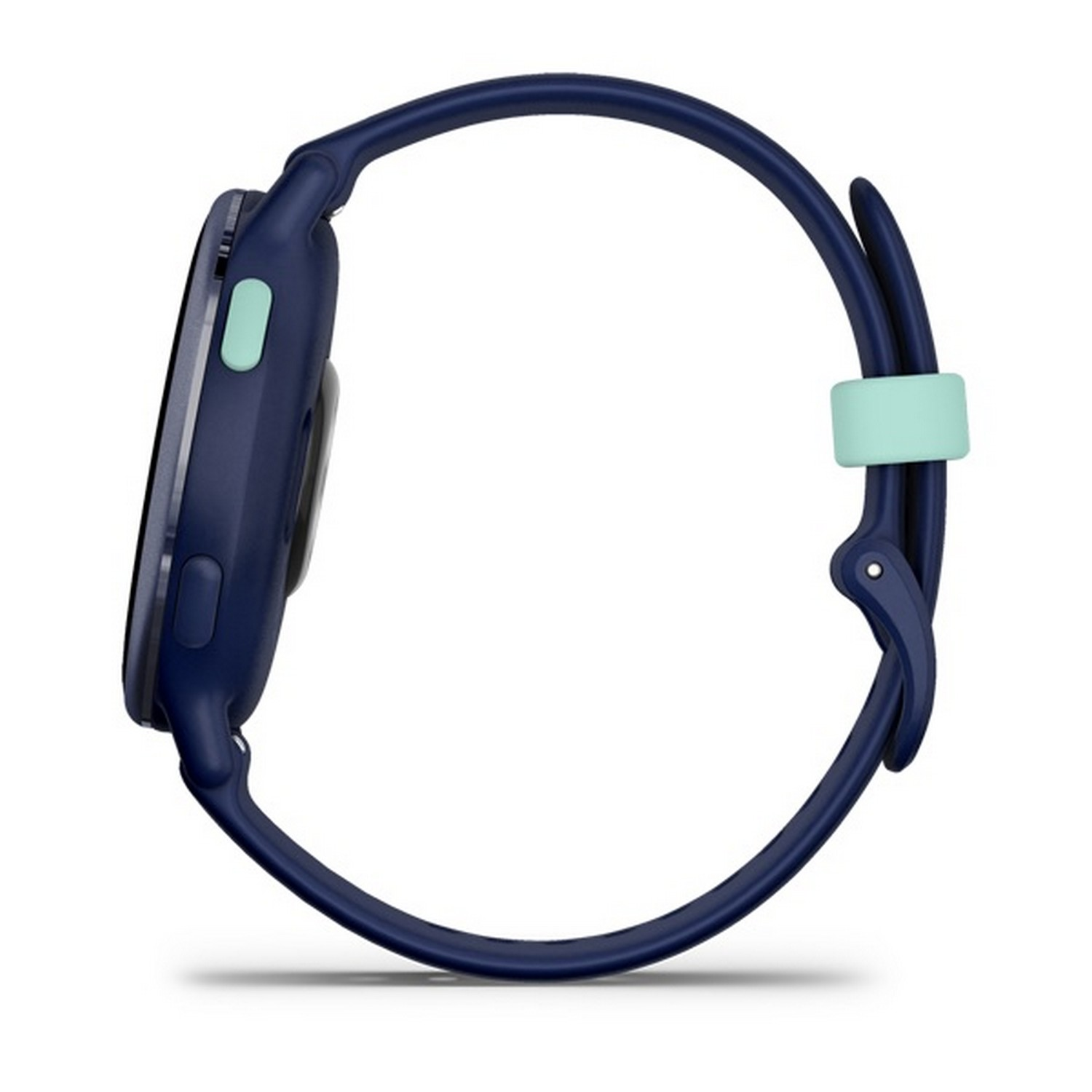 A side view of a blue smartwatch with a blue band and a mint green clasp. Isolated.