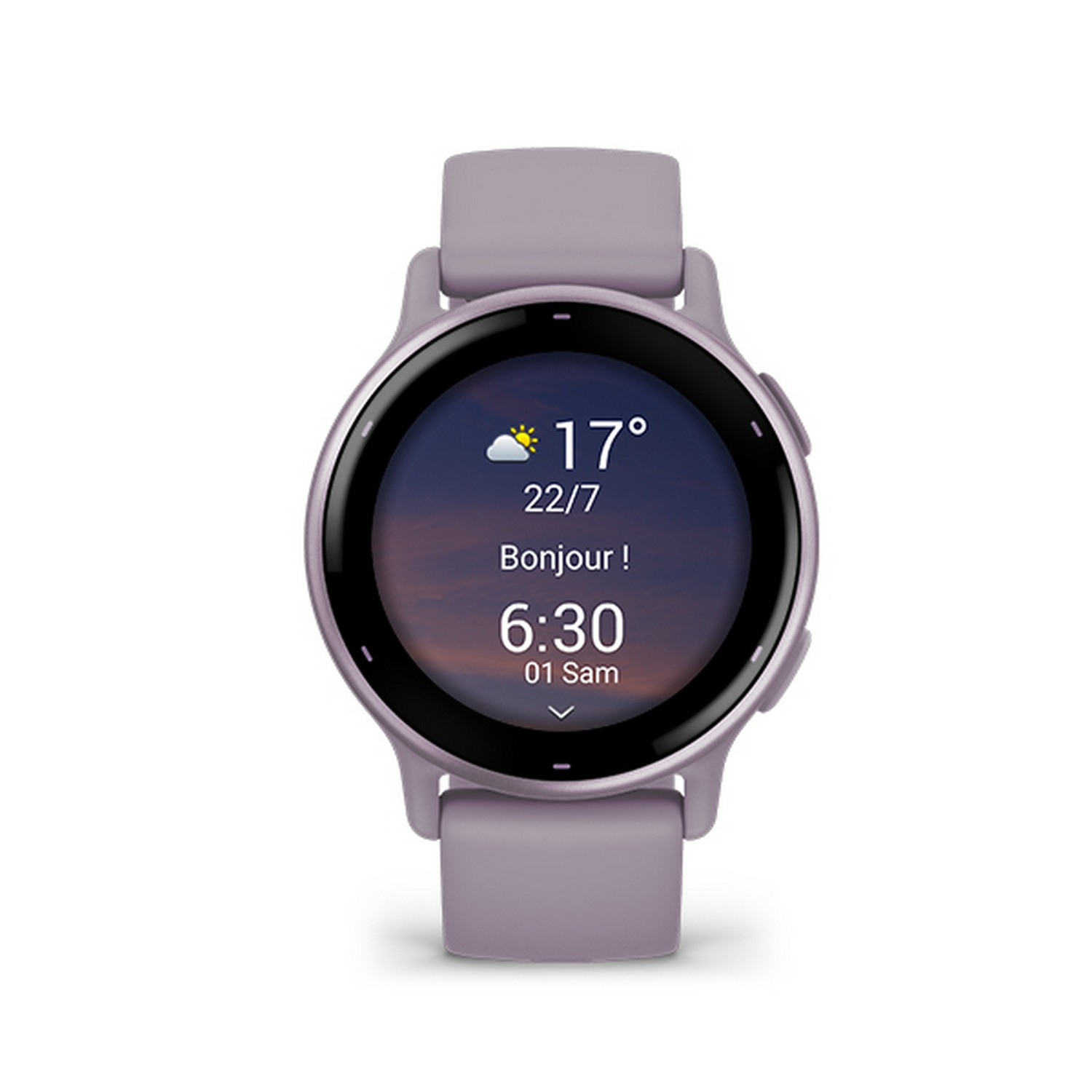 A light purple smartwatch displaying time, date, and temperature.
