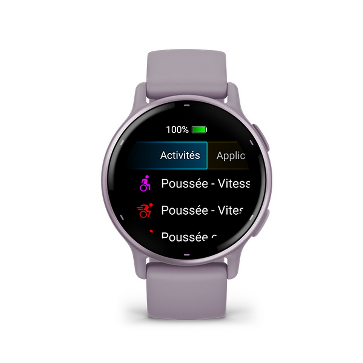 A purple smartwatch displays activity data and menu options. The screen shows battery percentage.
