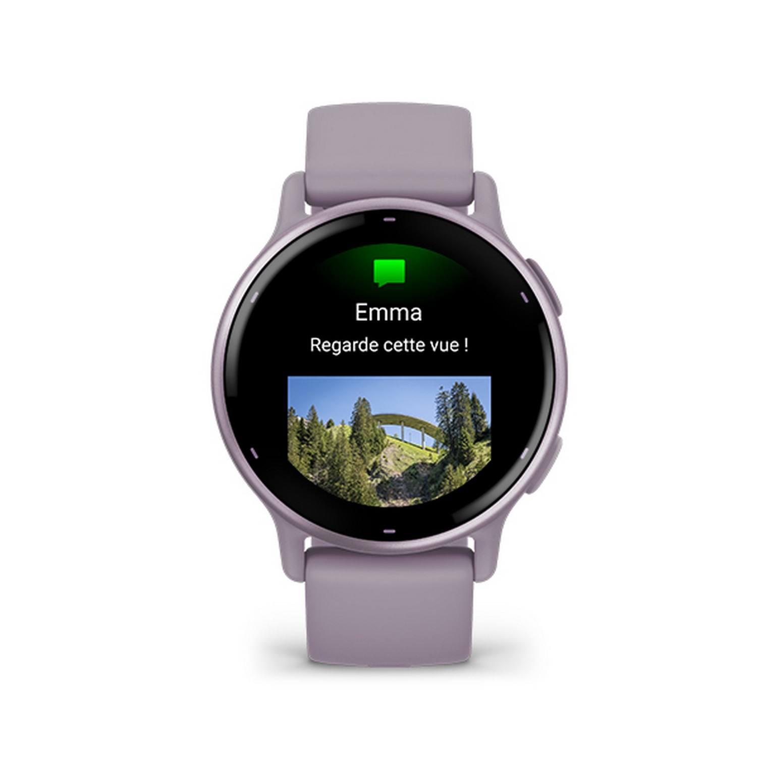A purple smartwatch displaying a notification with landscape image.
