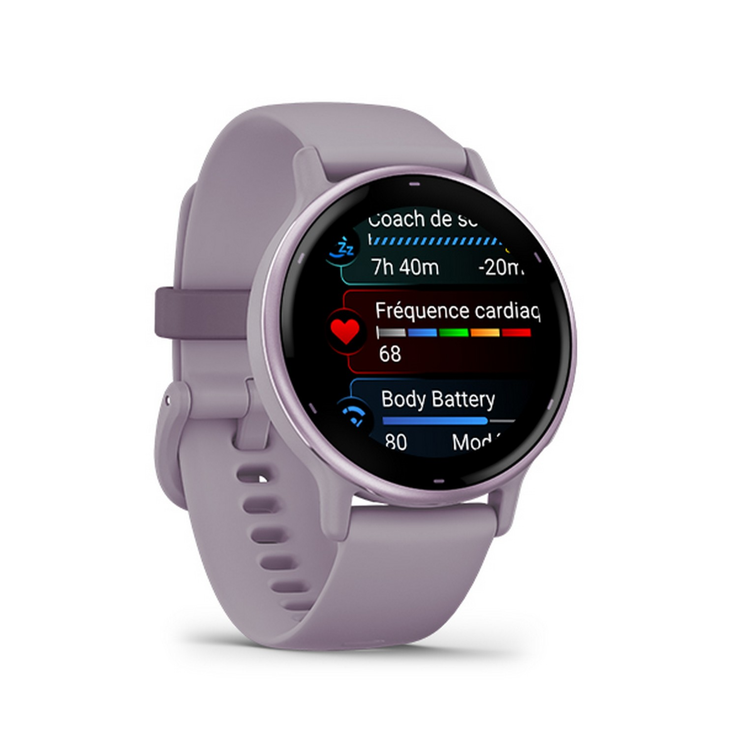 A smartwatch with a purple band displays health metrics on a white background.
