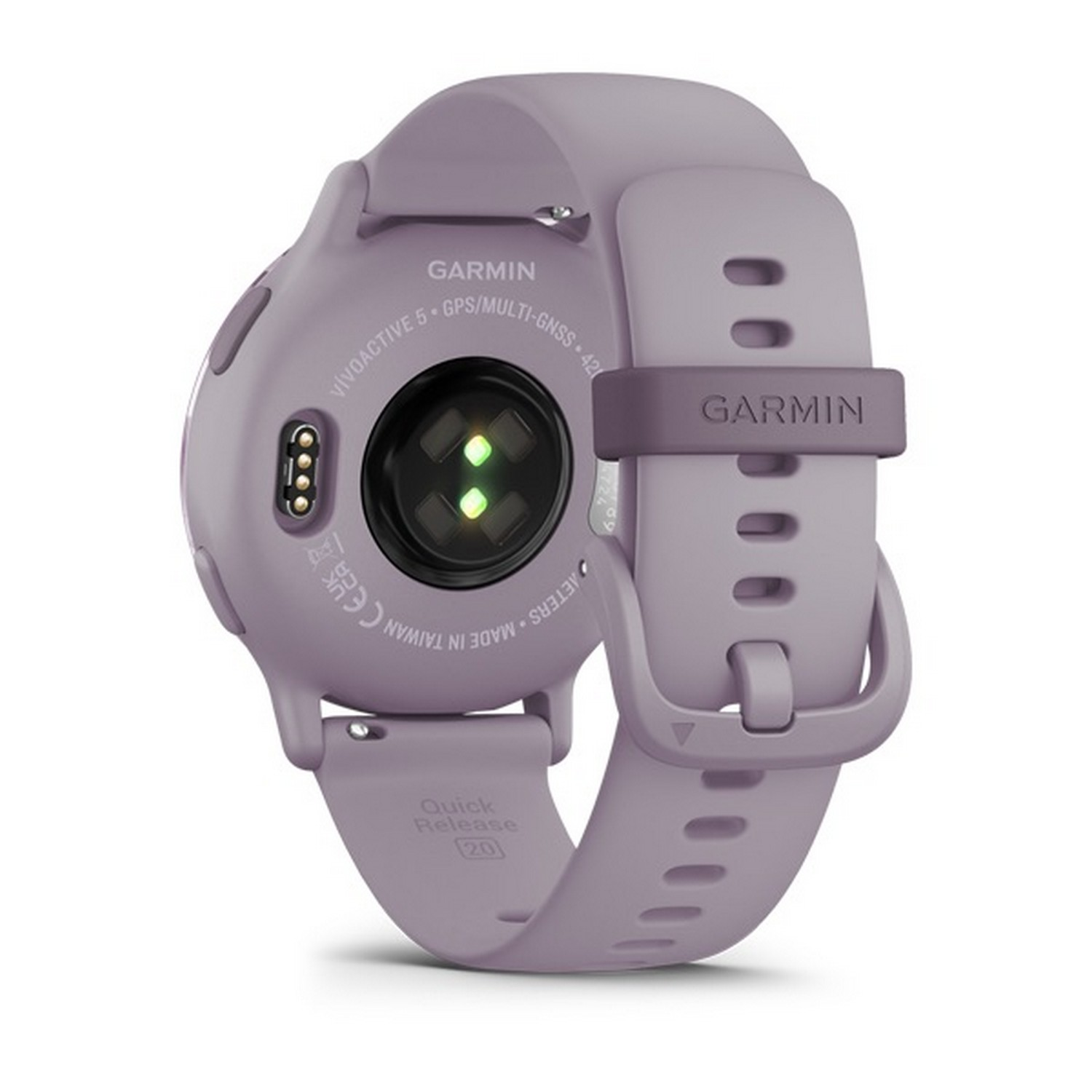 Purple Garmin watch, underside view, band and clasp.