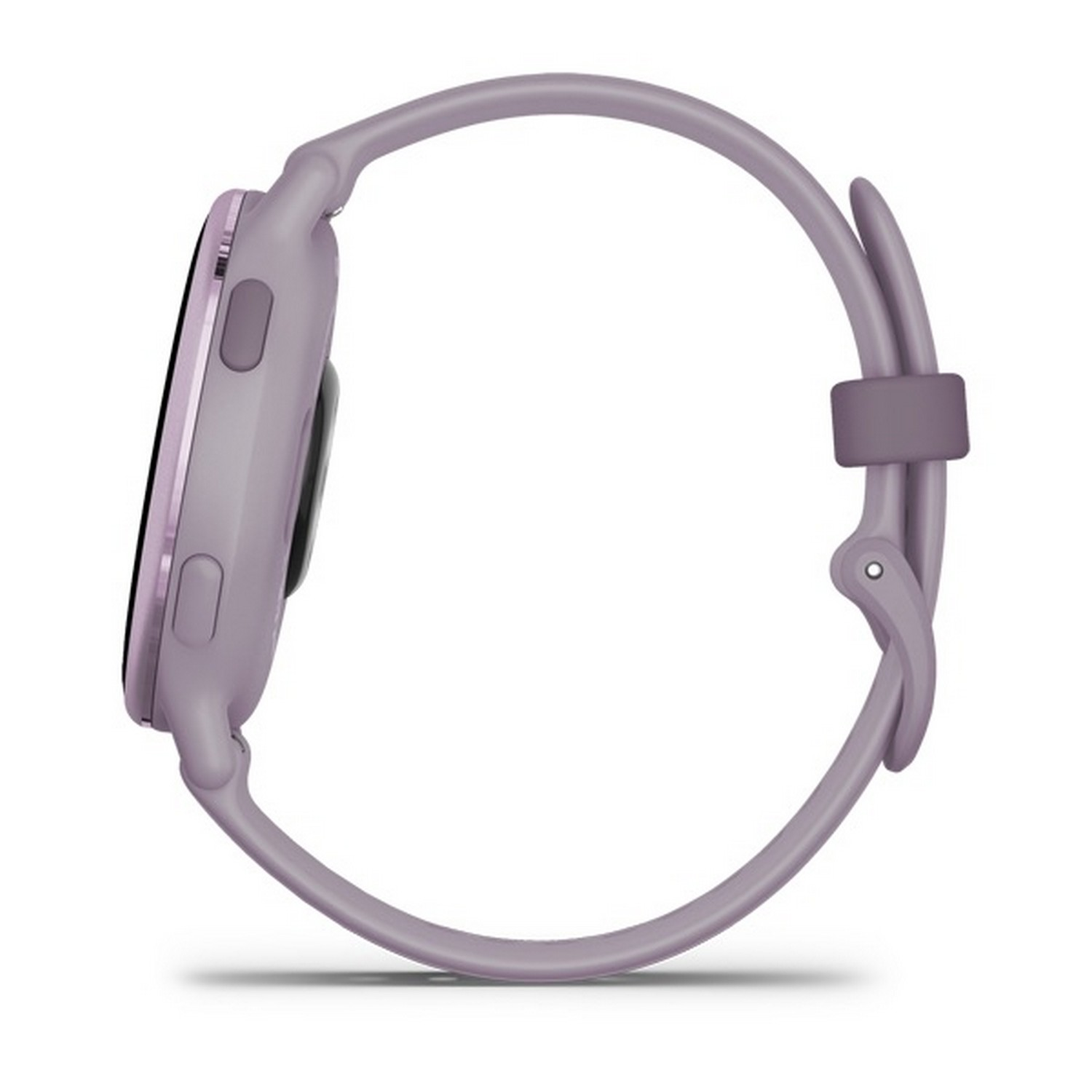Side view of a purple smartwatch with a band.