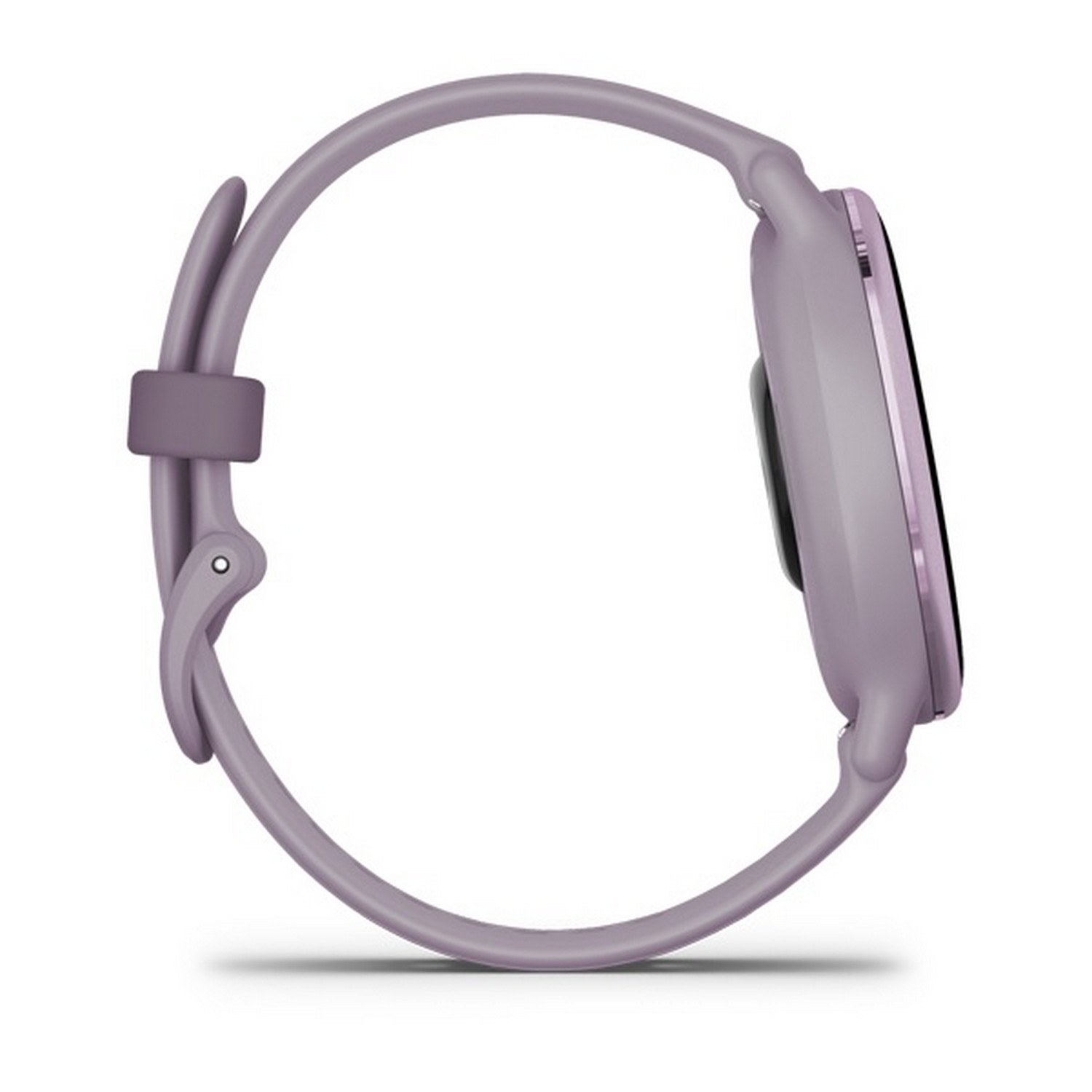 Purple smartwatch from the side view. Watch band attached. White background.