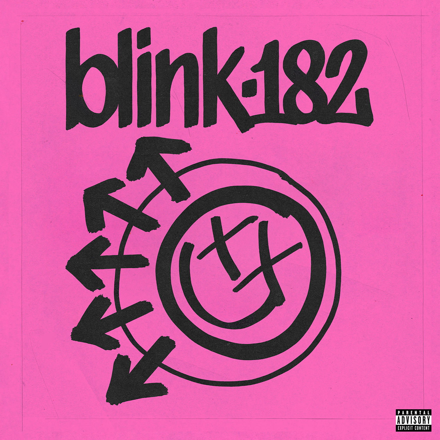 Pinkfarbenes Albumcover mit 'blink-182' Logo und Pfeilen/Smiley.