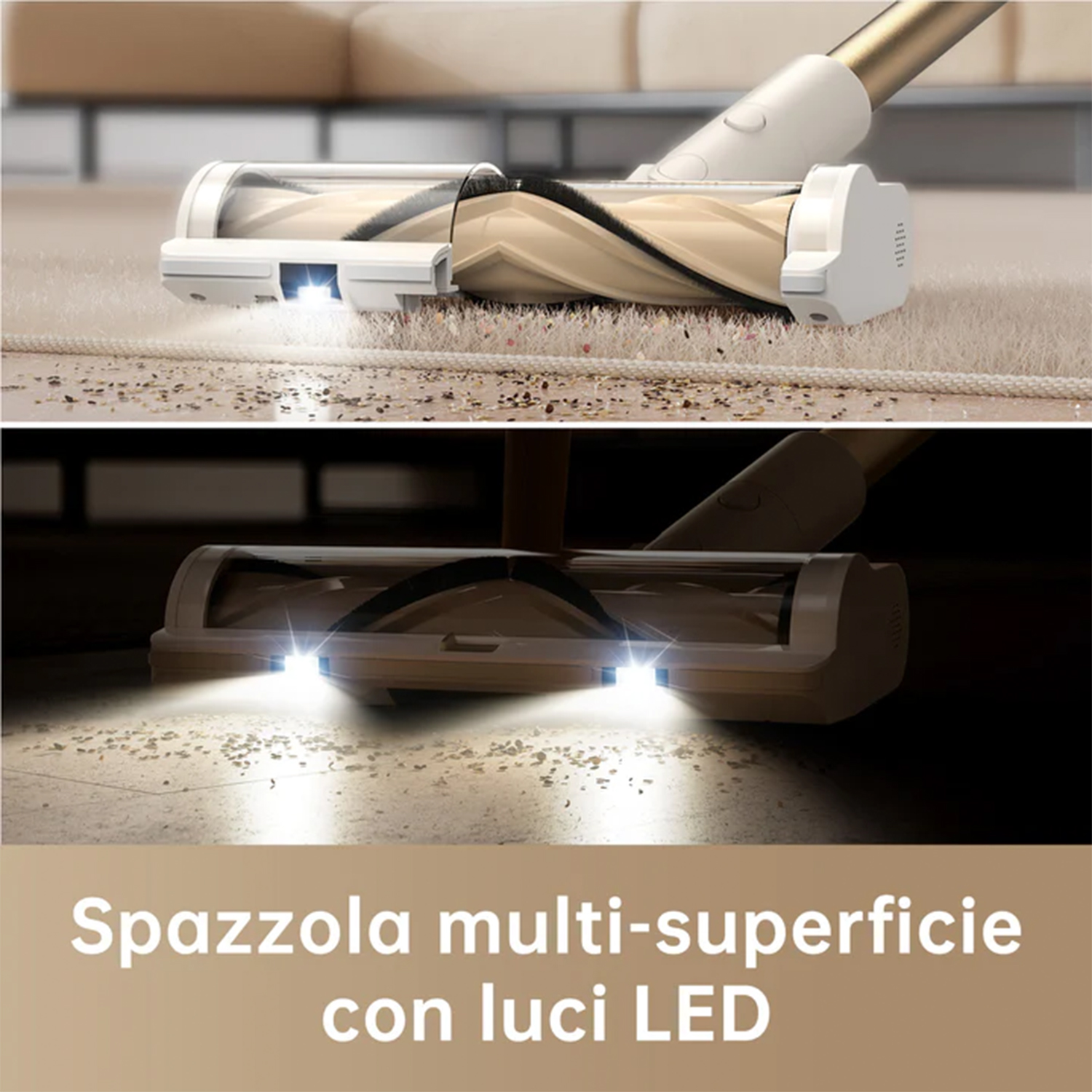 Testa di aspirapolvere con luci LED accese, che pulisce un tappeto. Le luci sono accese.