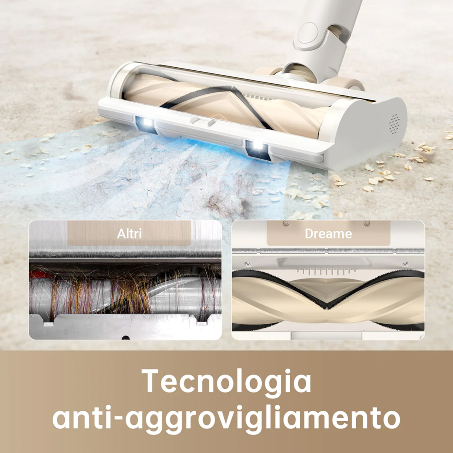 Testa dell'aspirapolvere che pulisce un tappeto con testo sulla tecnologia anti-groviglio.