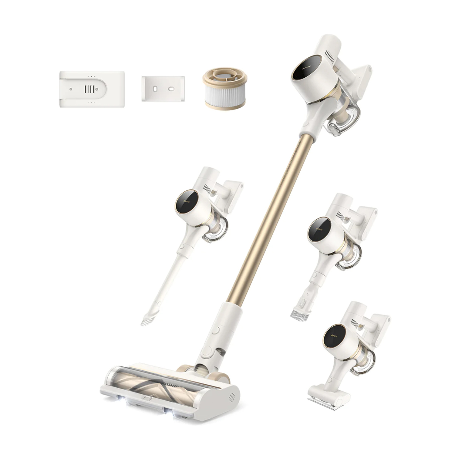 Aspirapolvere senza fili bianco e oro con accessori multipli.