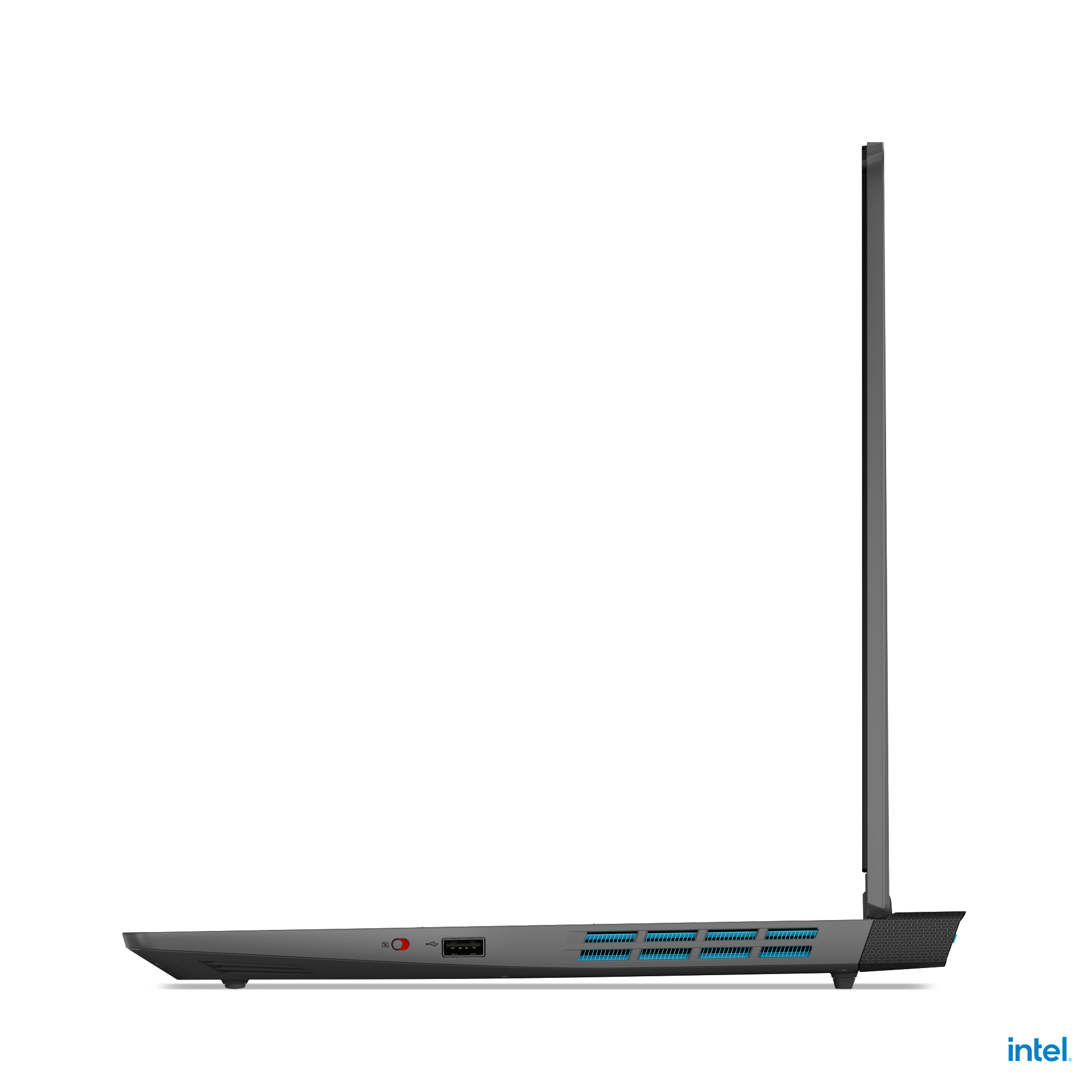 Seitenansicht eines dunkelgrauen Laptops. Der Laptop ist geschlossen, einige Anschlüsse sind sichtbar.