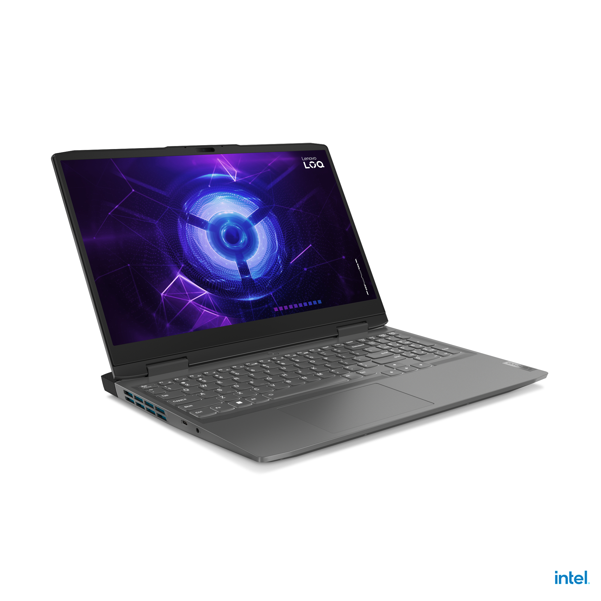 Laptop Lenovo LOQ, offen. Das Display zeigt ein lila und blaues Design. Tastatur sichtbar. Intel-Logo unten rechts.