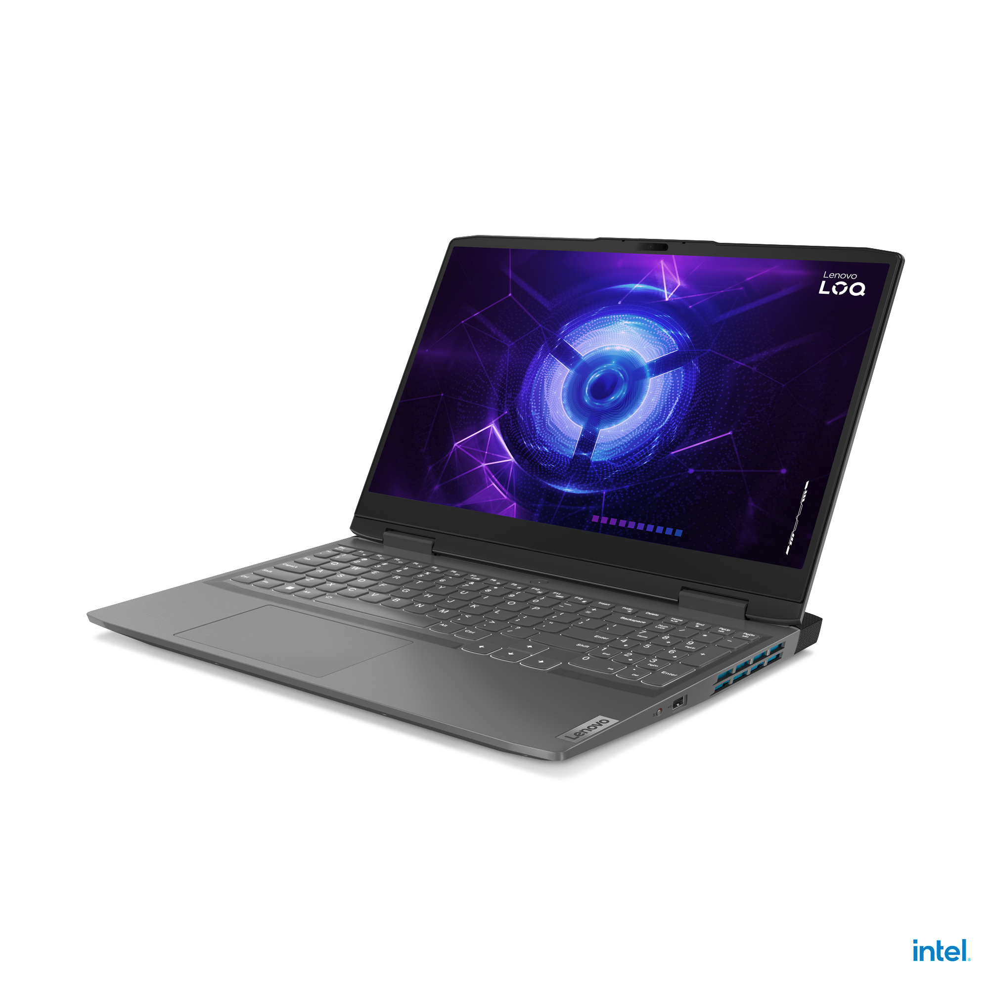 Ein grauer Laptop ist geöffnet und zeigt einen violett-weißen Bildschirm. Der Hintergrund ist weiß.