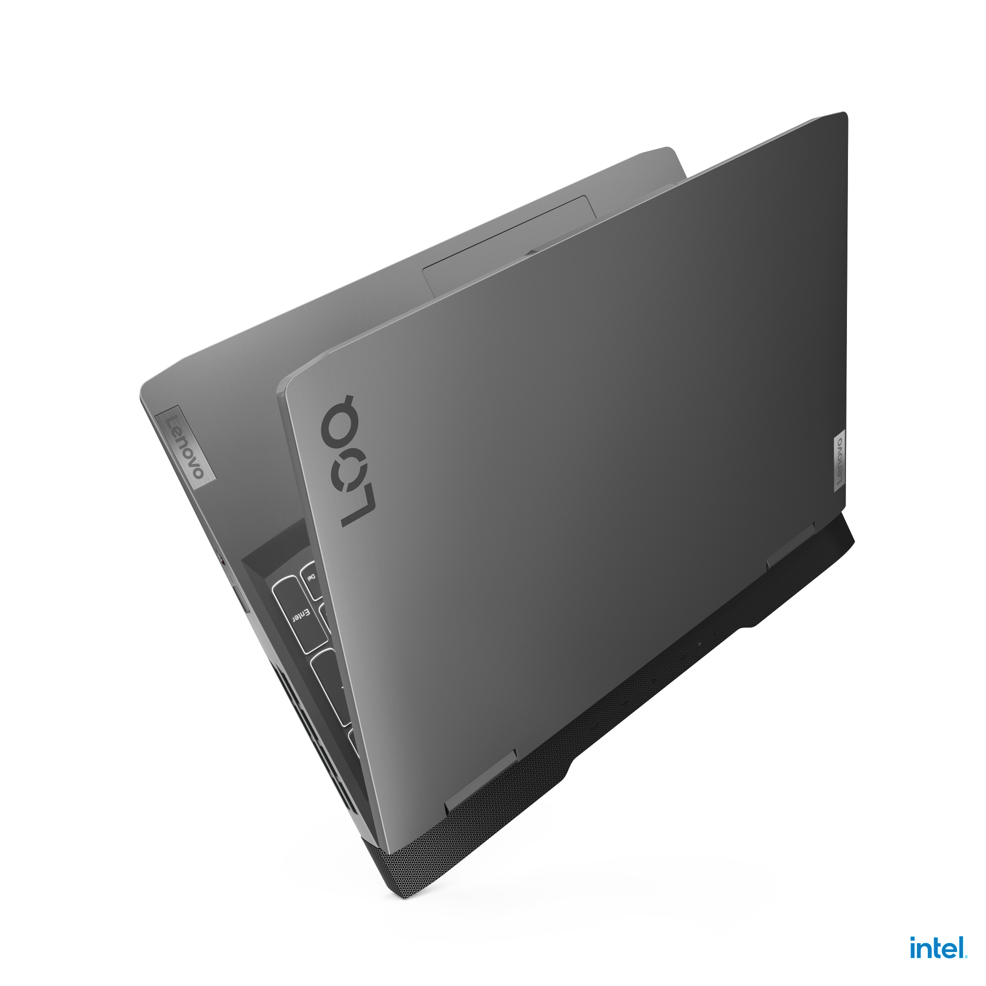 Lenovo-Laptop, grau, offen, zeigt Bildschirm und Tastatur, mit Intel-Logo in der Ecke.