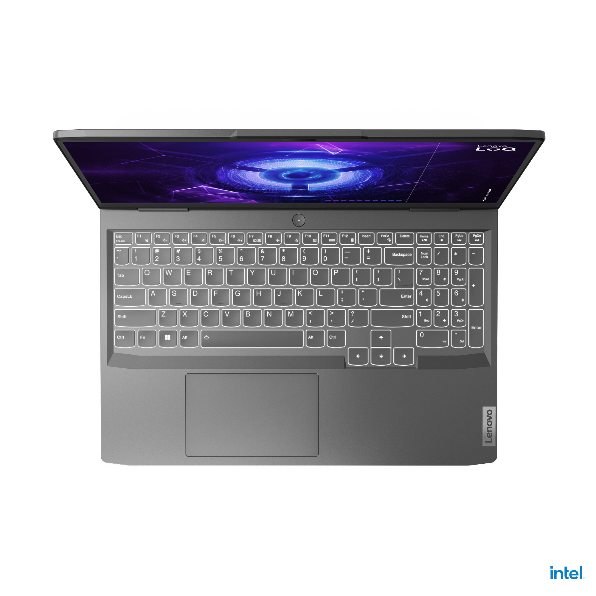 Draufsicht auf Laptop. Geöffnet, Tastatur und Bildschirm sichtbar. Intel-Logo.