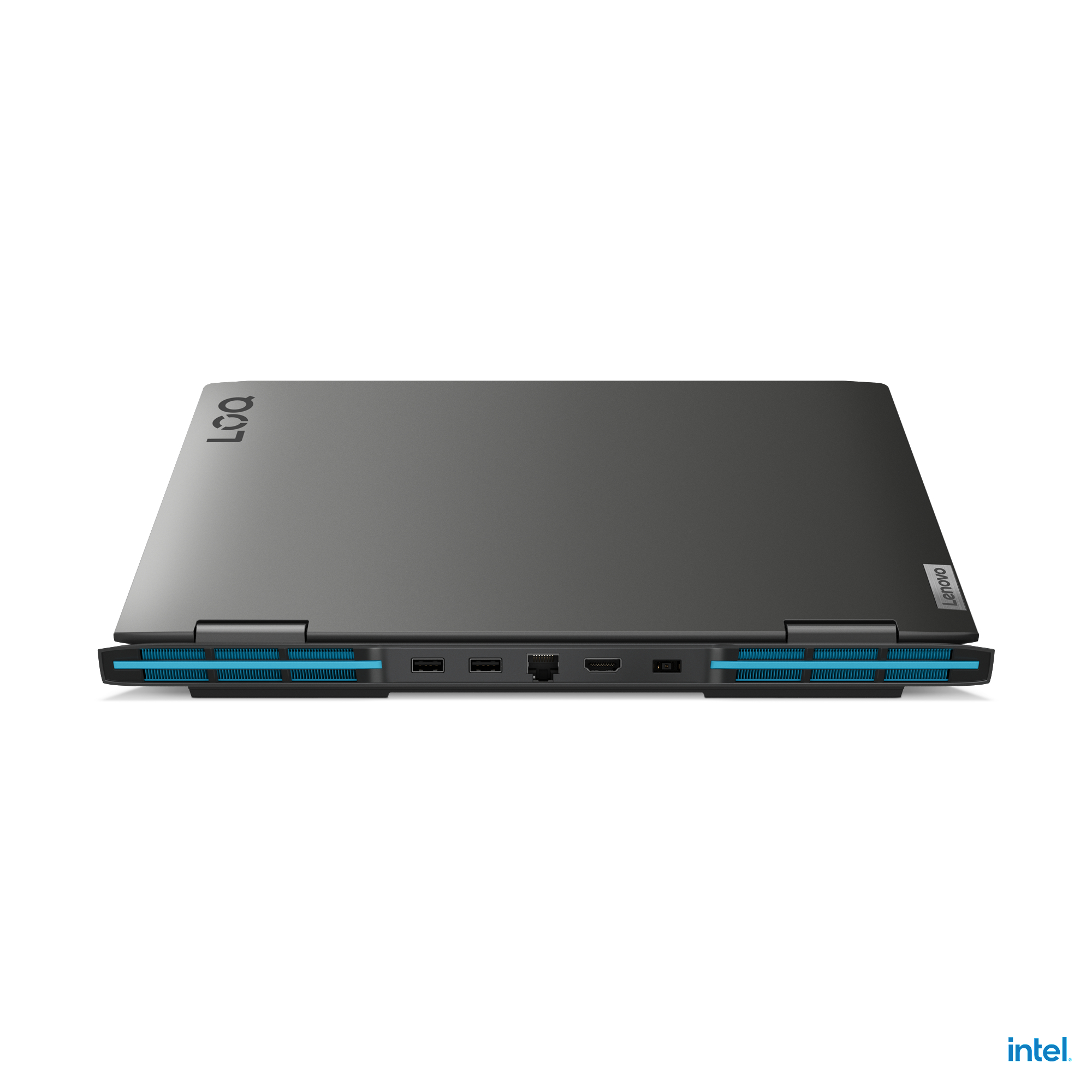 Geschlossener Laptop mit schwarzem Deckel und blauen Akzenten. Das Lenovo-Logo ist sichtbar.