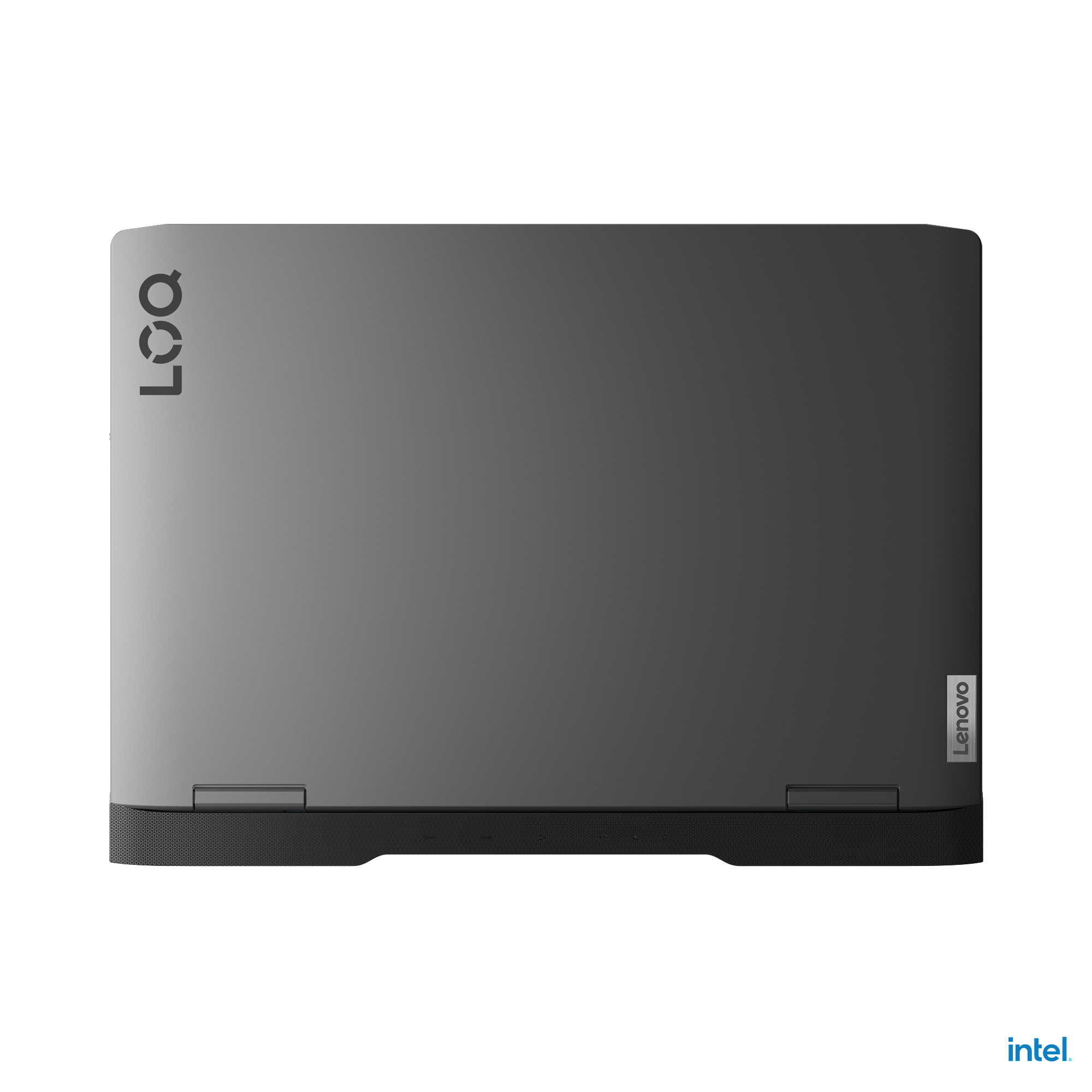 Rückseite des Laptops, grau mit Lenovo-Logo und Scharnieren. Intel-Logo rechts unten.