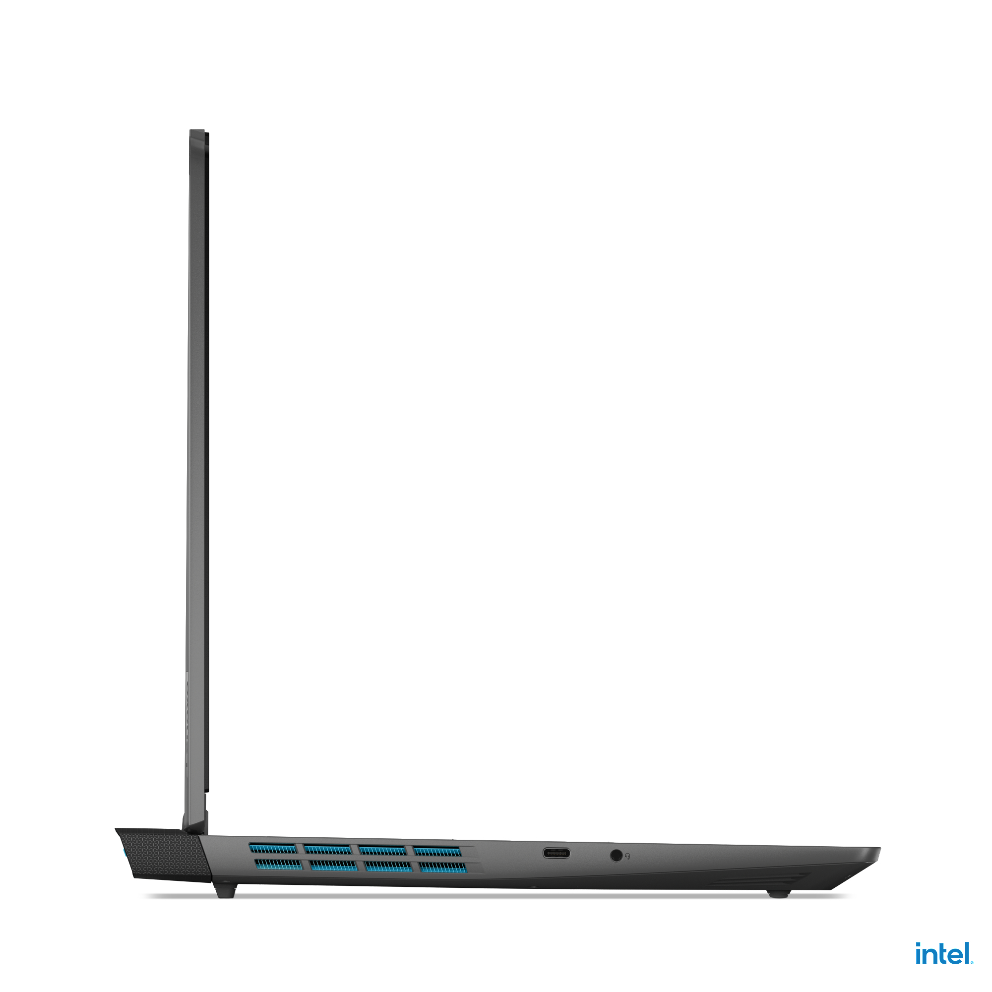 Seitenansicht eines schwarzen Laptops mit Intel-Logo unten.