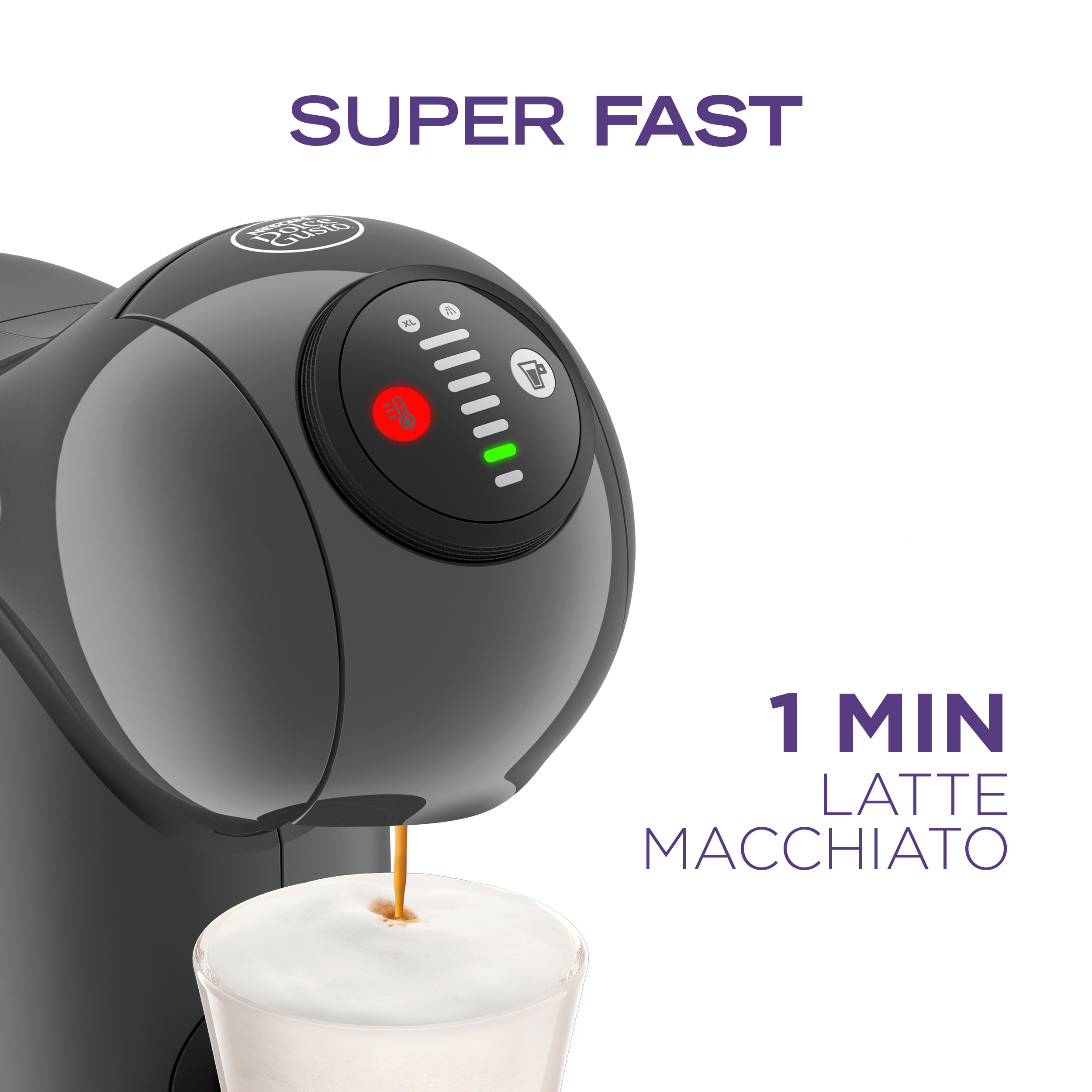 Black coffee machine dispensing coffee into a glass. Text says 'Super Fast' and '1 Min Latte Macchiato'.