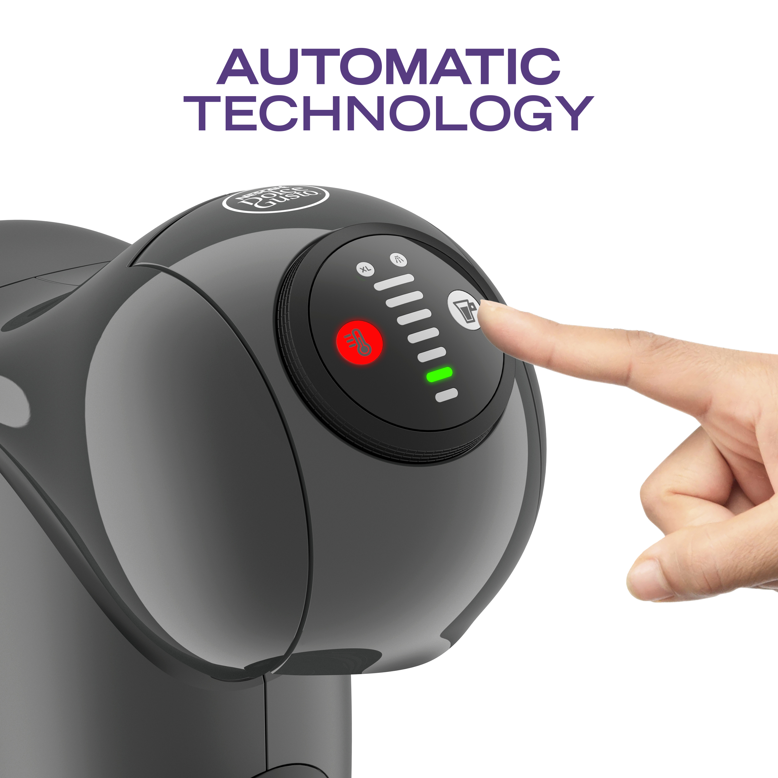 A hand presses a button on a black coffee machine, with text above.