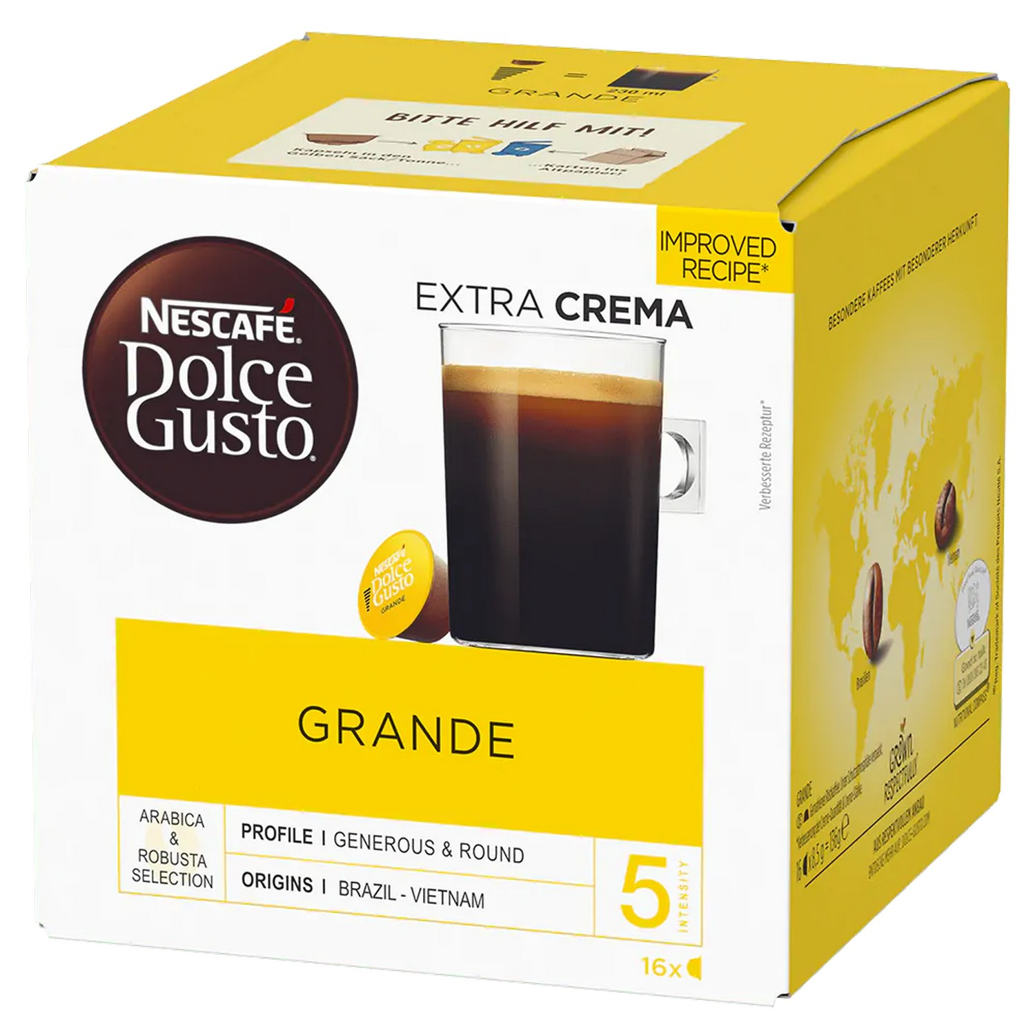 Coffee box with cup of coffee. Yellow background.