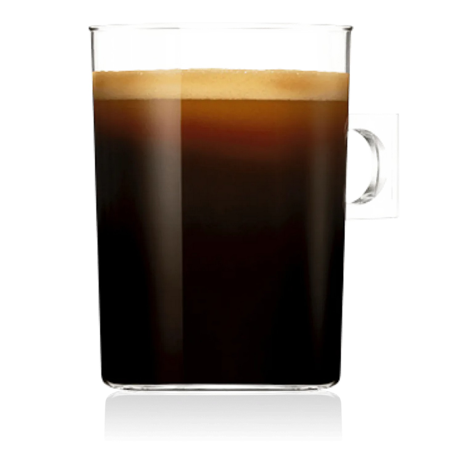 Tall glass of dark coffee with foam on top, on a white background.