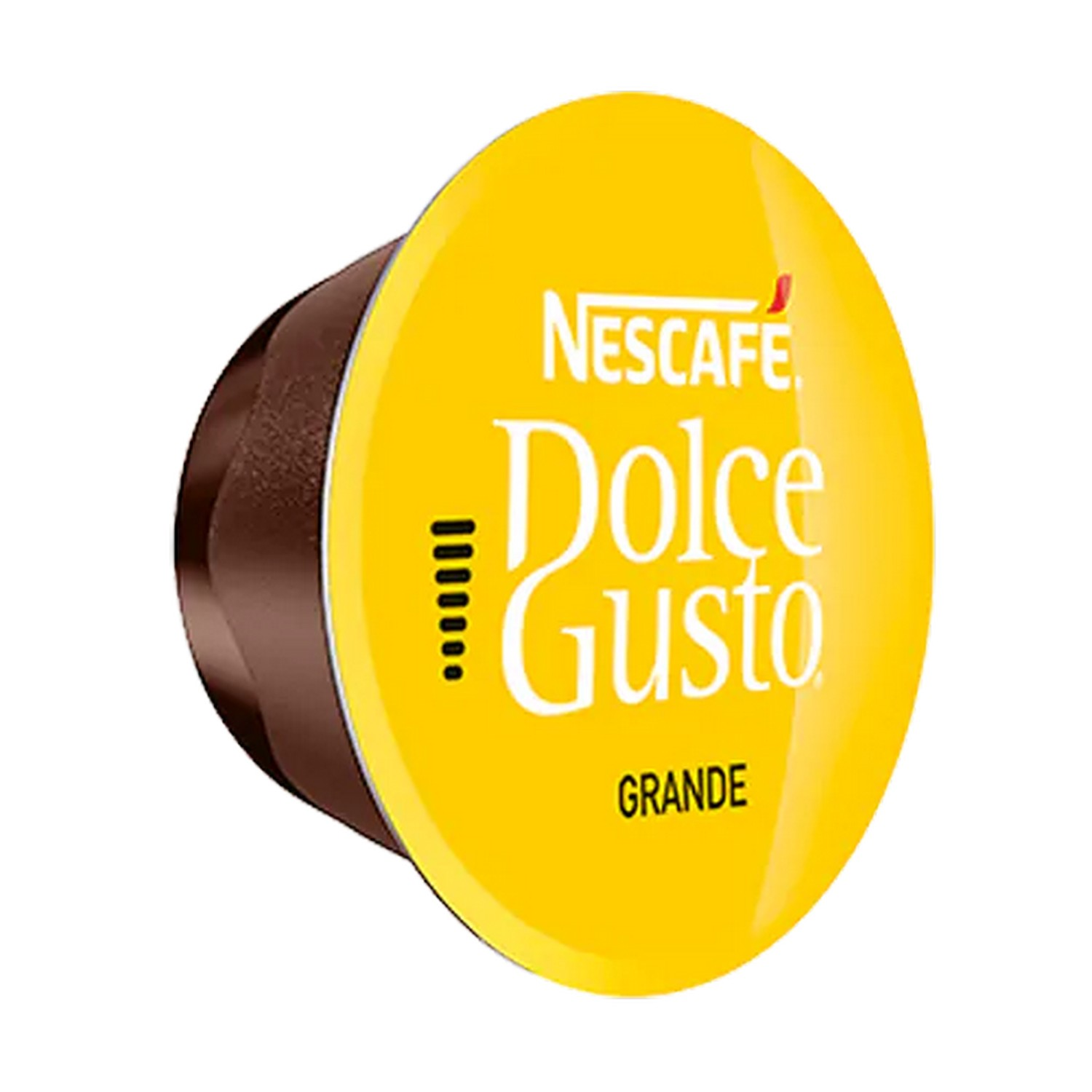 Yellow Nescafe Dolce Gusto Grande coffee capsule. Brown top, white text. Black background.