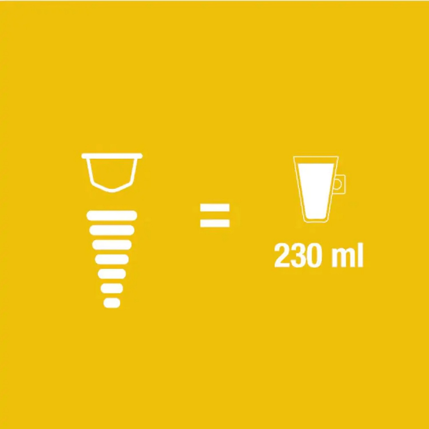 Diagram shows a container and a funnel shape equals 230 ml. Yellow background.
