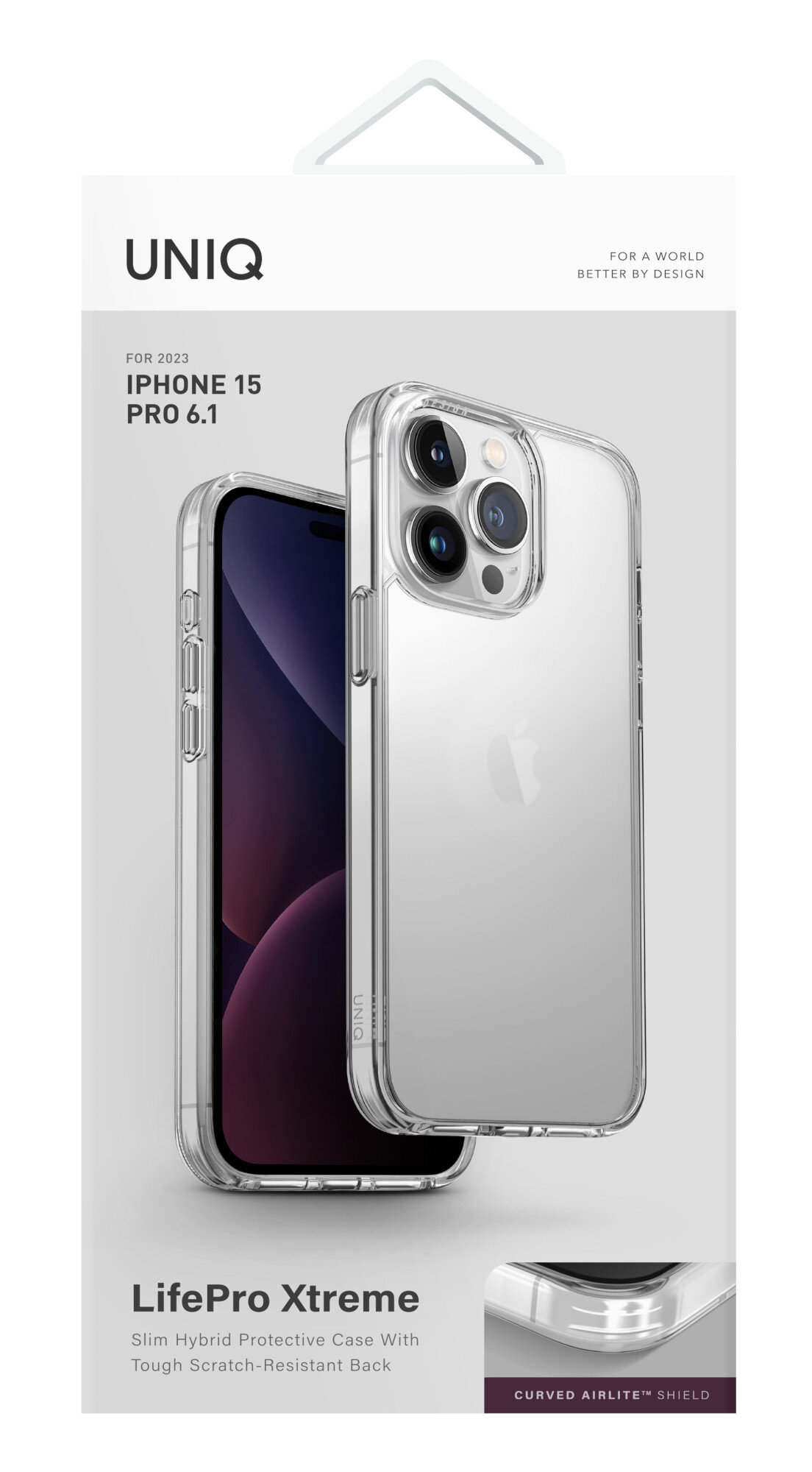 Telefon w przezroczystym etui, z pudełkiem pokazującym telefon. Etui jest oznaczone, iPhone 15 Pro 6.1.