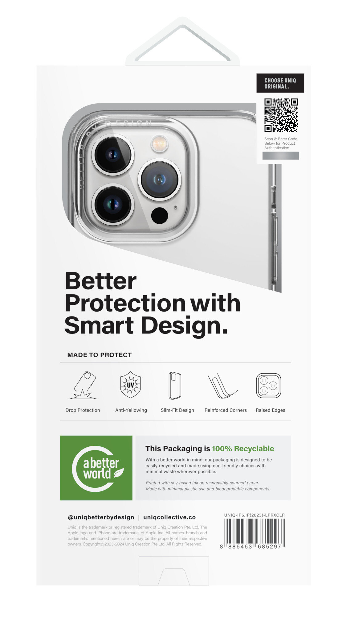 Tył etui na telefon, pokazujący cechy konstrukcyjne i tekst o recyklingu.