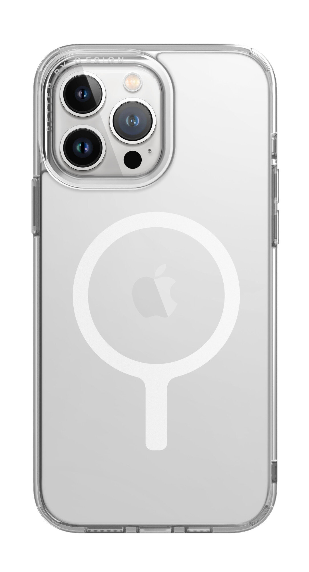 Przezroczyste etui na telefon z logo Apple. Tło jest białe.