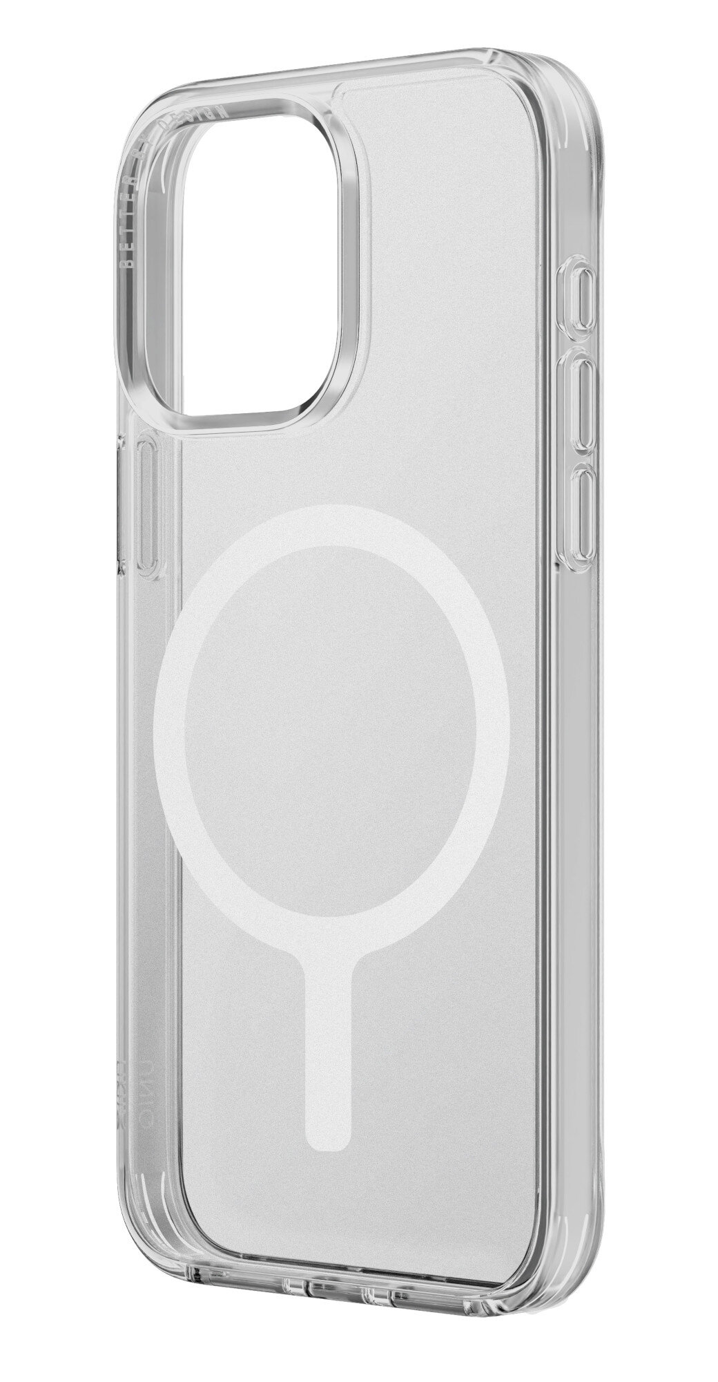 Przezroczyste etui na telefon z białym okręgiem i kształtem kropli.