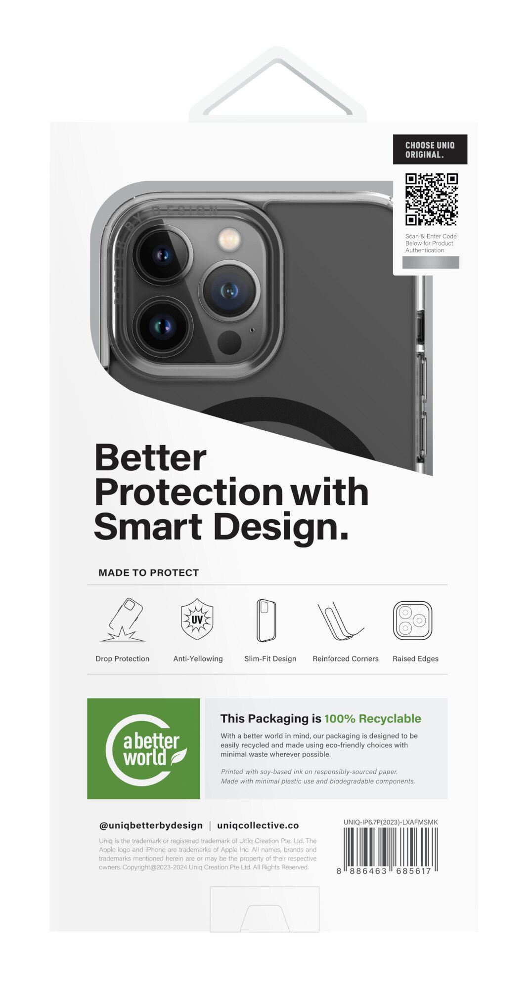 Opakowanie etui na telefon z przezroczystym etui i kodem QR. Opakowanie mówi 'Lepsza ochrona dzięki inteligentnemu wzornictwu'.