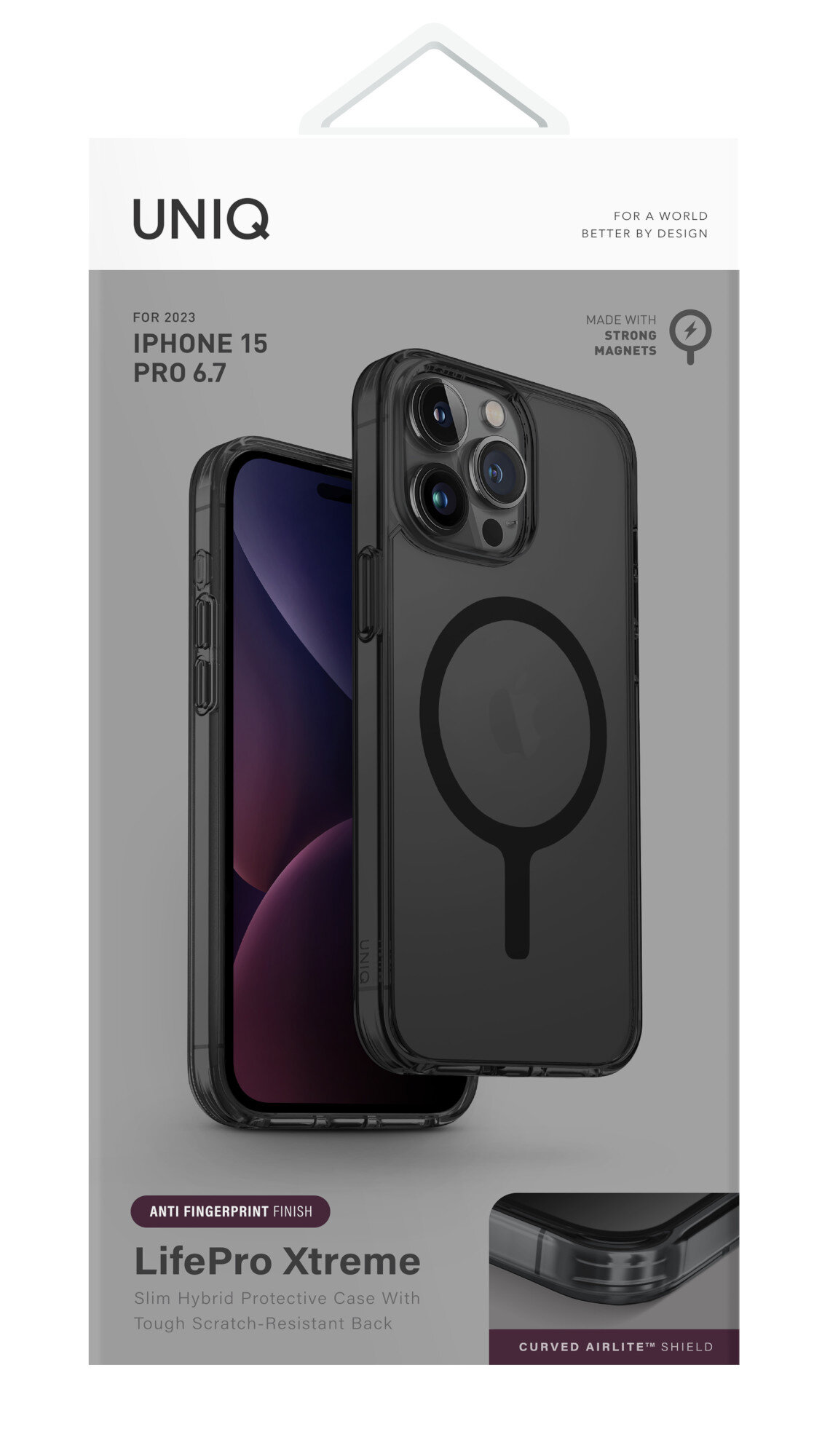 Etui iPhone 15 Pro w pudełku, przezroczyste z pierścieniem MagSafe i tekstem o jego funkcjach.