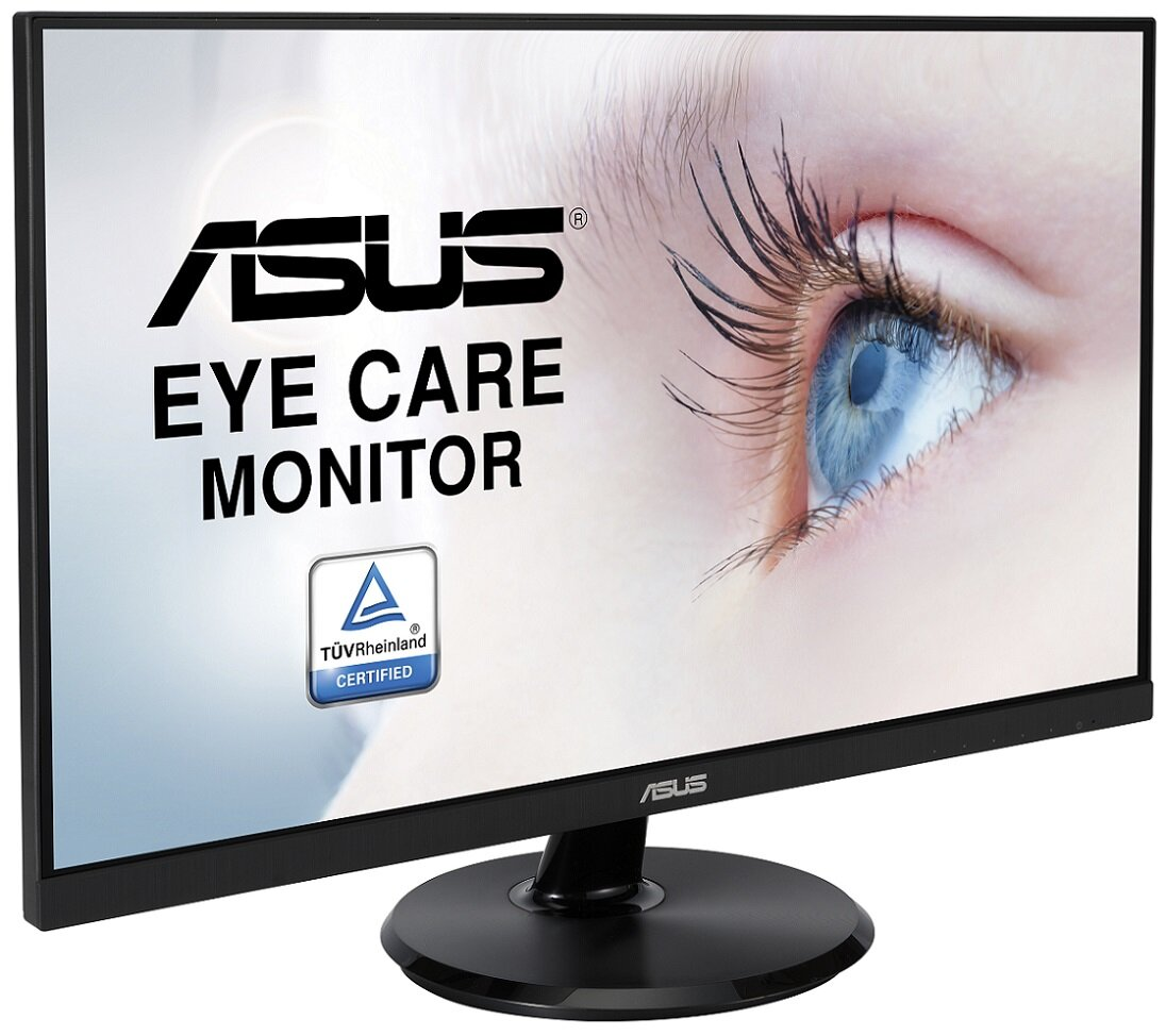 Monitor komputera z zbliżeniem niebieskiego oka i logo ASUS.