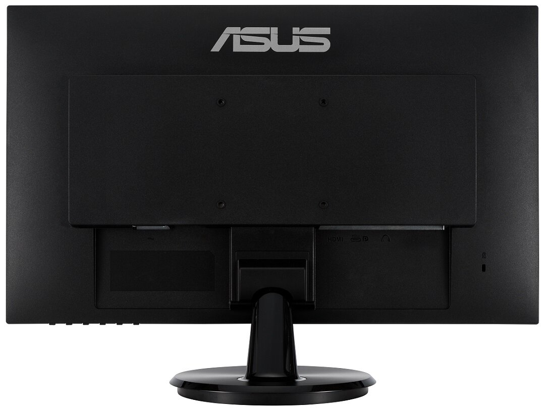 Tył czarnego monitora ASUS, z widocznymi portami i logo.