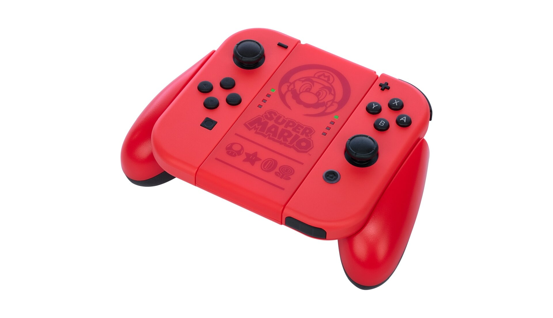 Czerwone kontrolery Super Mario Joy-Con, widok pod kątem na białym tle.