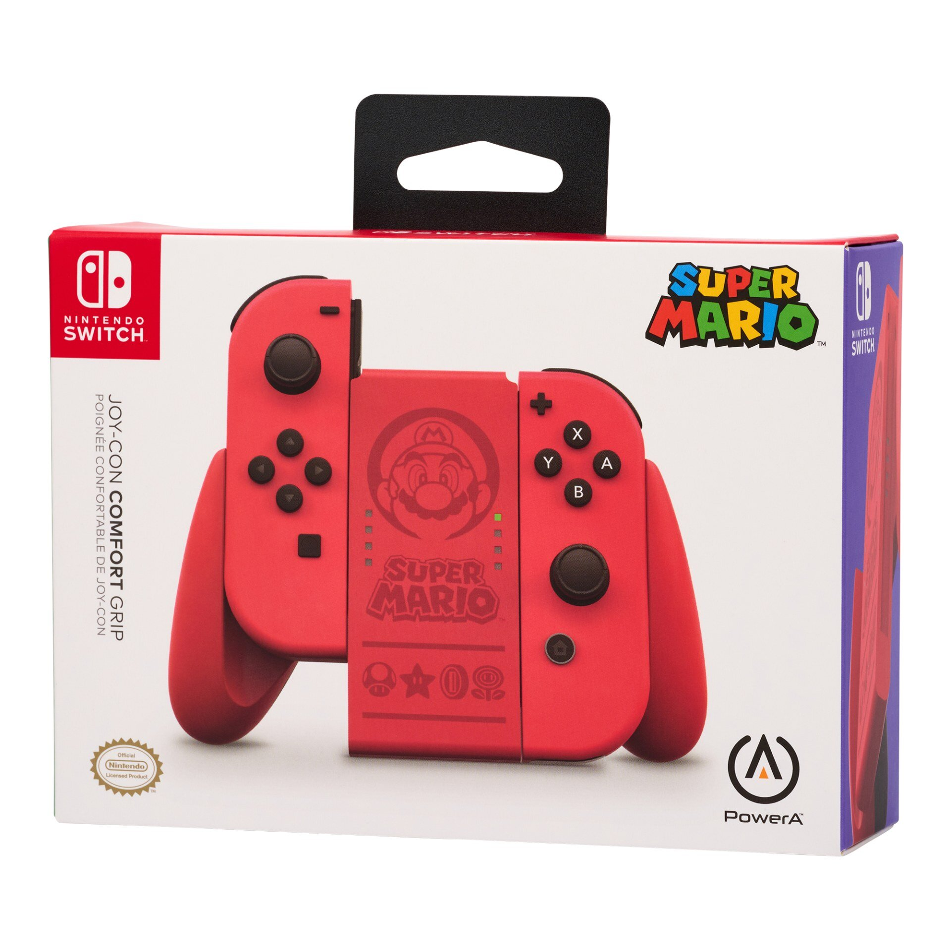 Pudełko Nintendo Switch Super Mario Joy-Con Comfort Grip. Czerwone kontrolery z logo Mario.