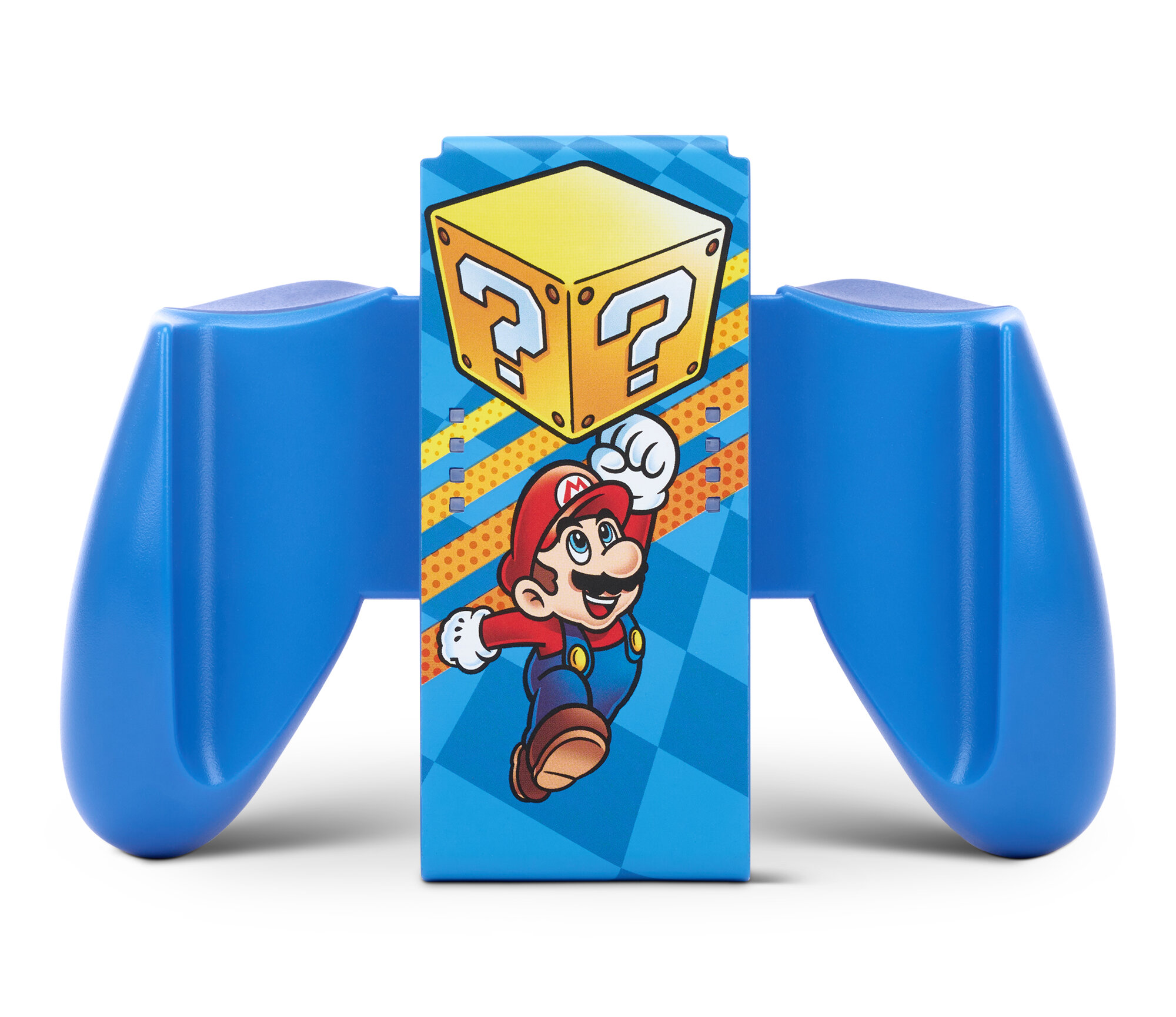 Niebieski kontroler Nintendo Switch z grafiką Mario i pudełkiem ze znakiem zapytania.