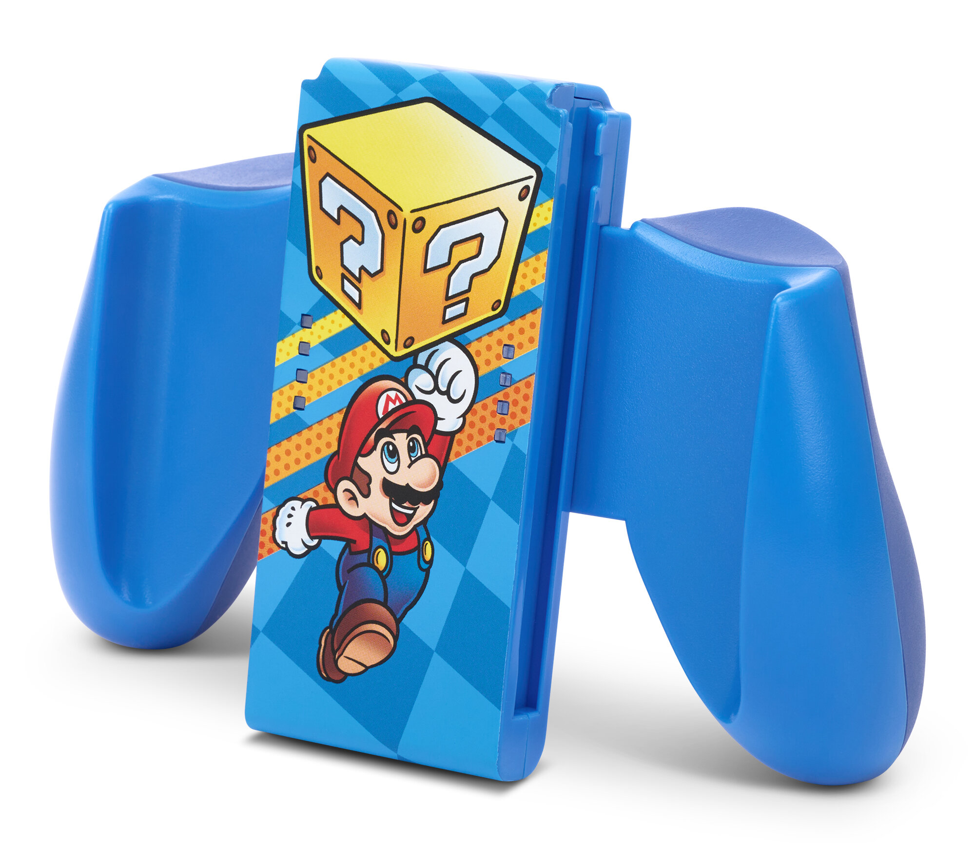 Niebieski uchwyt kontrolera Joy-Con z Mario i wzorem skrzynki ze znakiem zapytania. Białe tło.