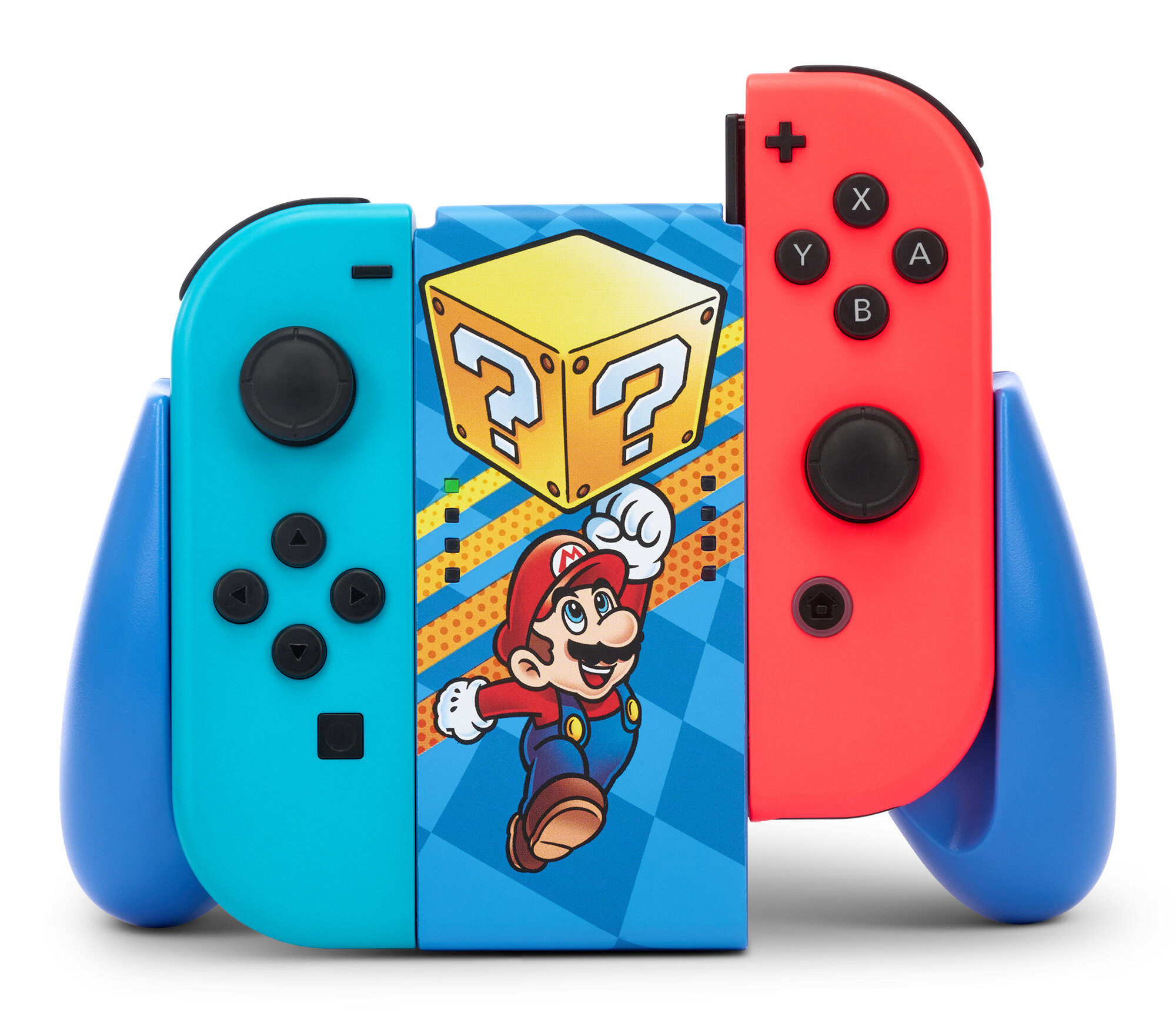 Joy-Cons Nintendo Switch, niebieskie i czerwone, z grafiką Mario pośrodku.