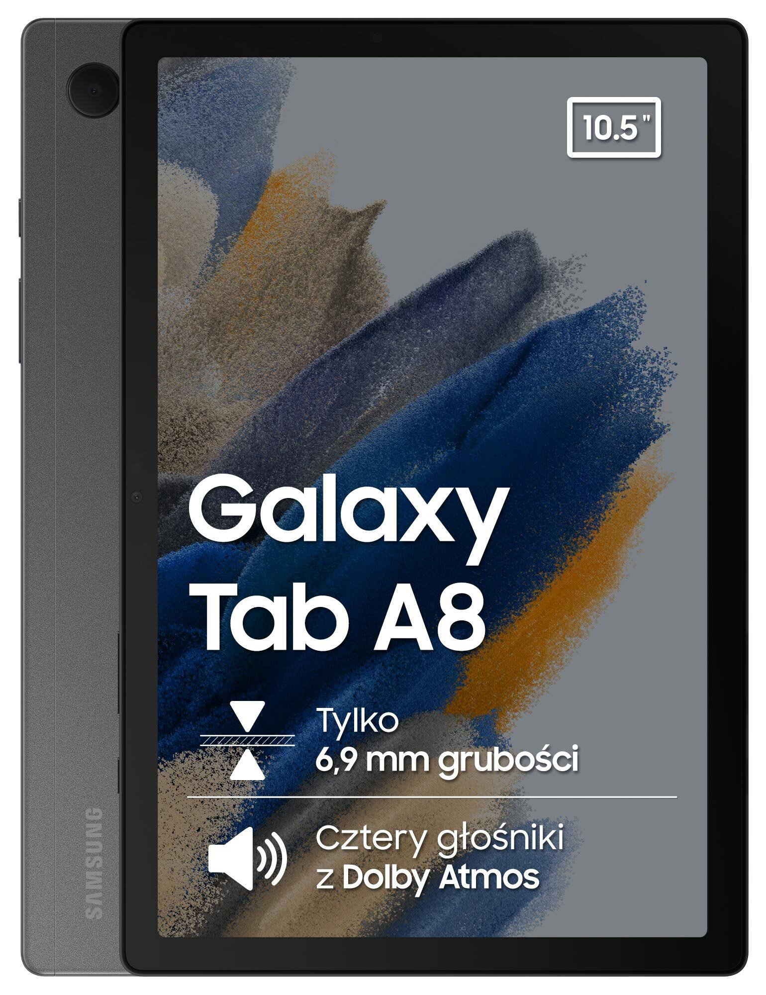 Czarny tablet z wyświetlaczem 10,5", tekstem 'Galaxy Tab A8' i innym tekstem promocyjnym.
