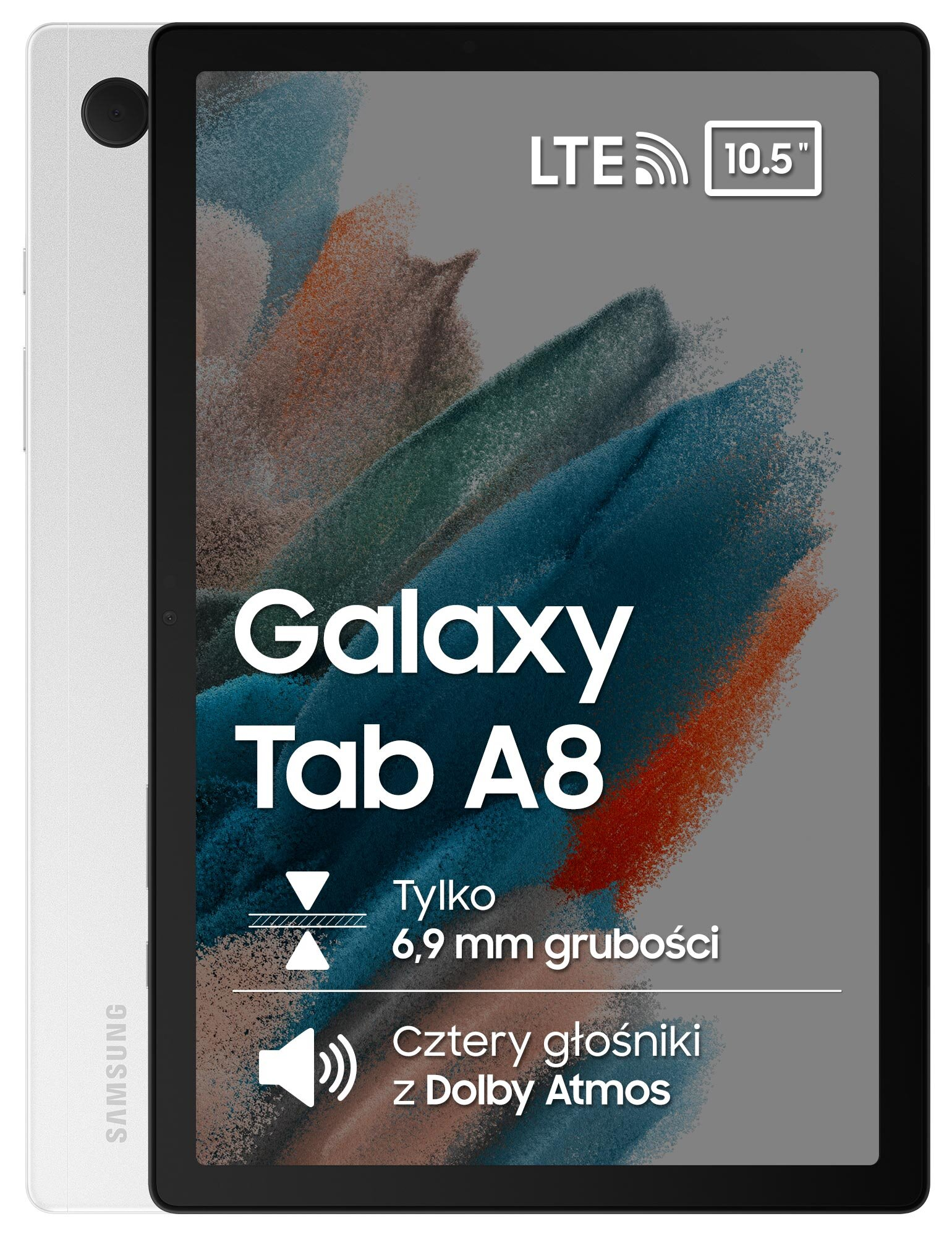 Tablet z "Galaxy Tab A8" na ekranie i tekstem: 10,5", LTE.