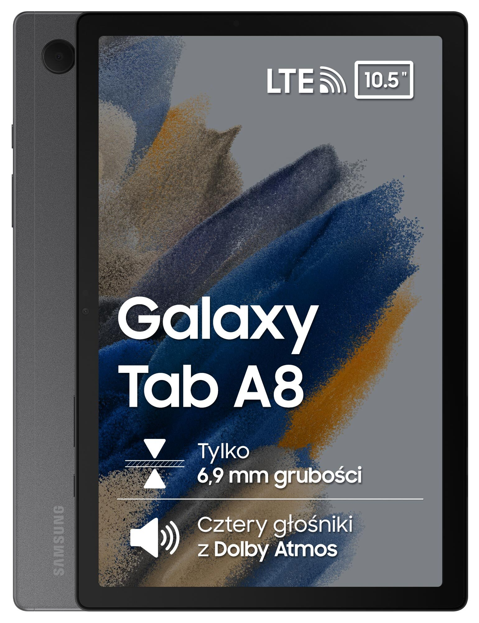 Tablet Samsung Galaxy Tab A8. Tekst na ekranie i obudowie. Szare tło.