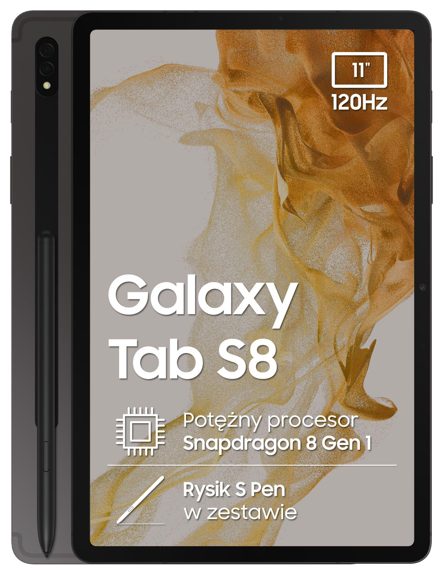 Tablet Galaxy Tab S8 z rysikiem S Pen, z etykietami tekstowymi i teksturowanym tłem.