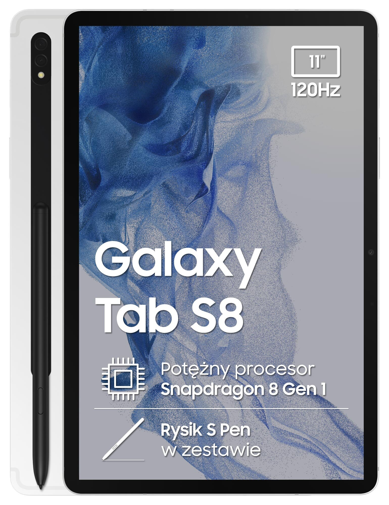 Tablet z "Galaxy Tab S8" na ekranie, tekstem 11", 120Hz i rysikiem.