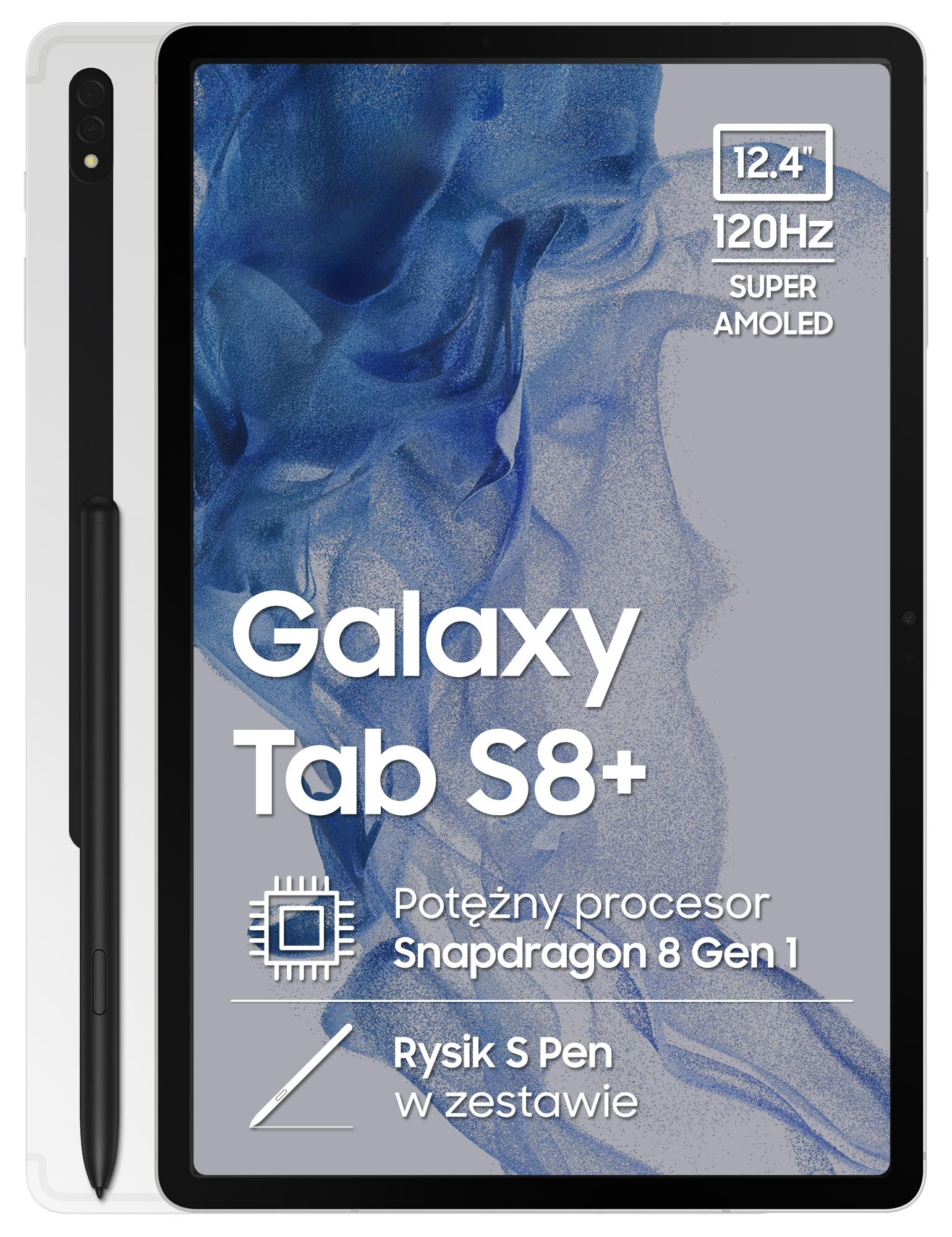 Tablet Samsung Galaxy Tab S8+ z rysikiem, pokazujący ekran i funkcje.
