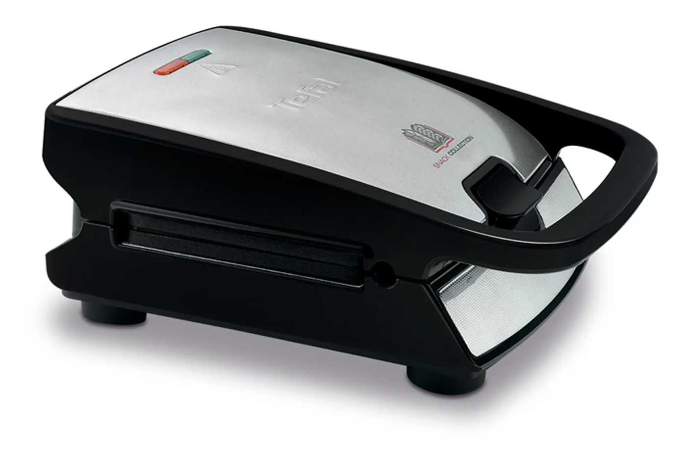 Tefal sandwich maker nero e argento su una superficie bianca.