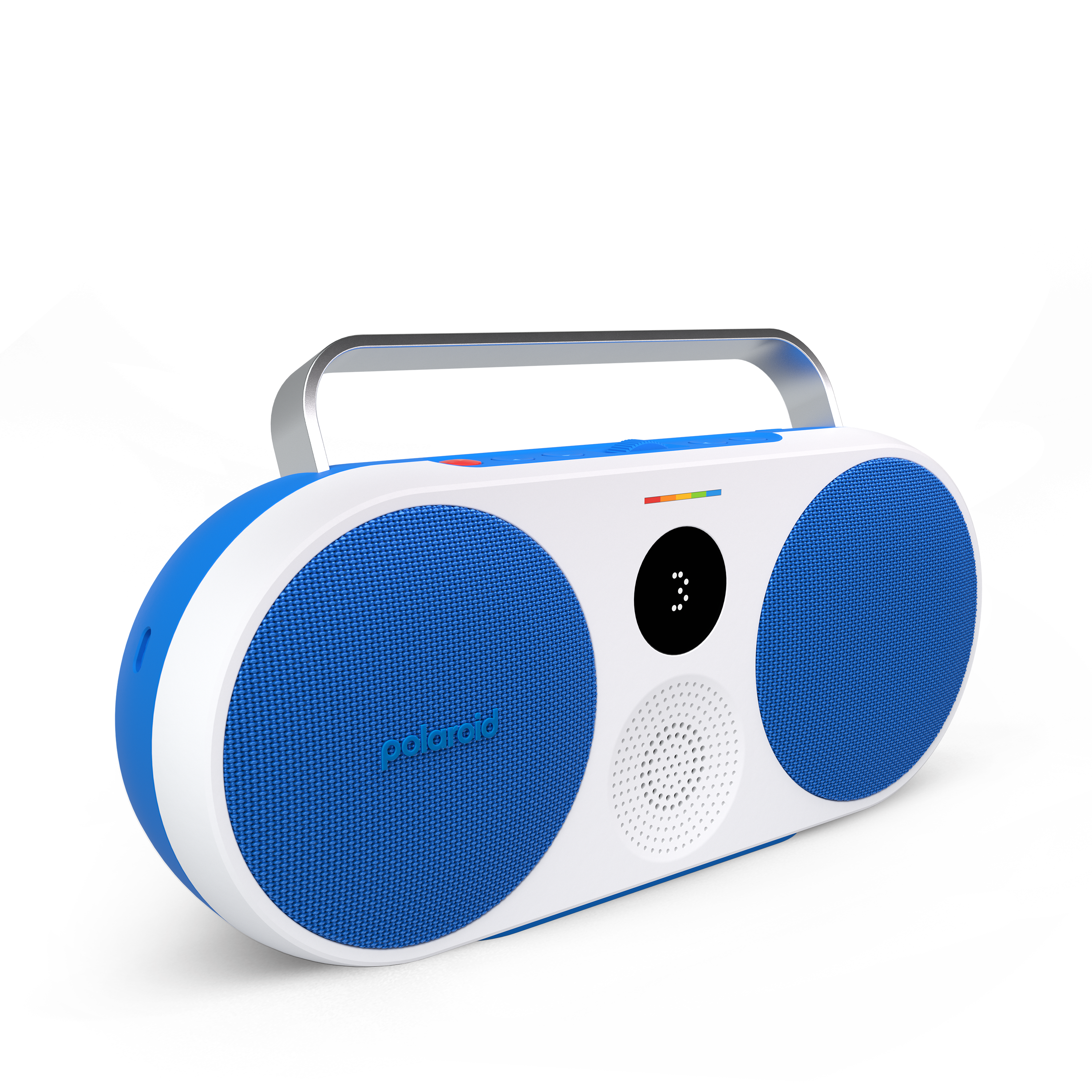 Siyah arka planda, tutma saplı beyaz ve mavi bir Polaroid hoparlör.