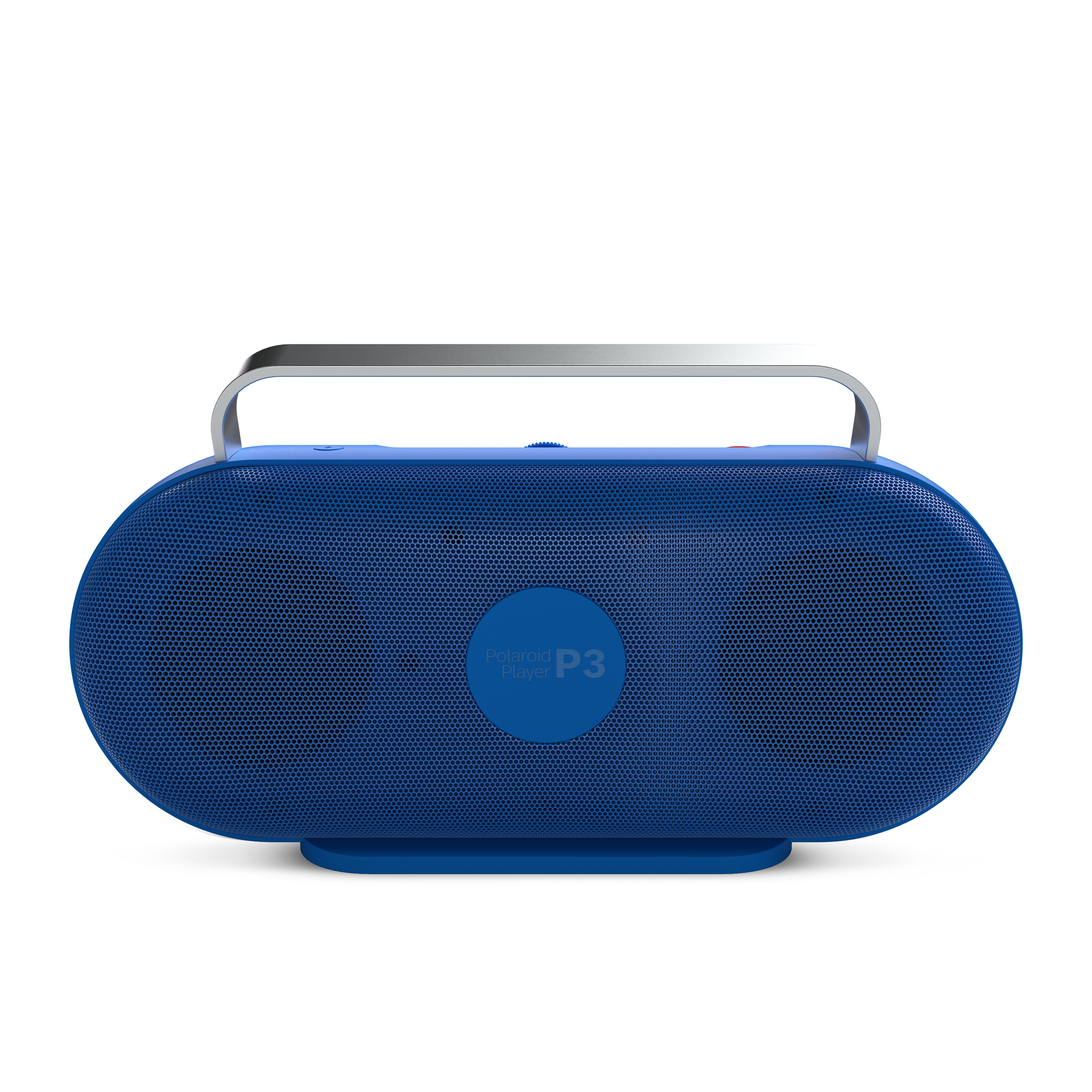 Mavi Polaroid P3 hoparlör, gümüş bir tutma kolu ve mavi bir tabana sahip, ortada bir ekran var.